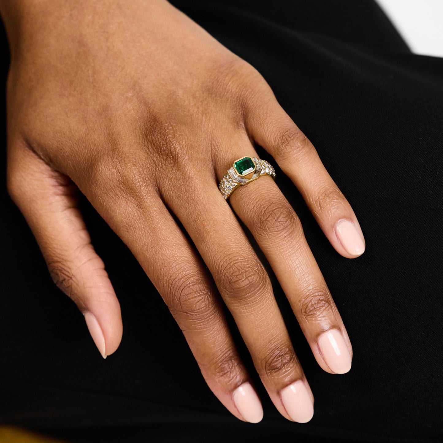Boucheron French 1980s 18KT Yellow Gold Emerald & Diamond Ring on finger