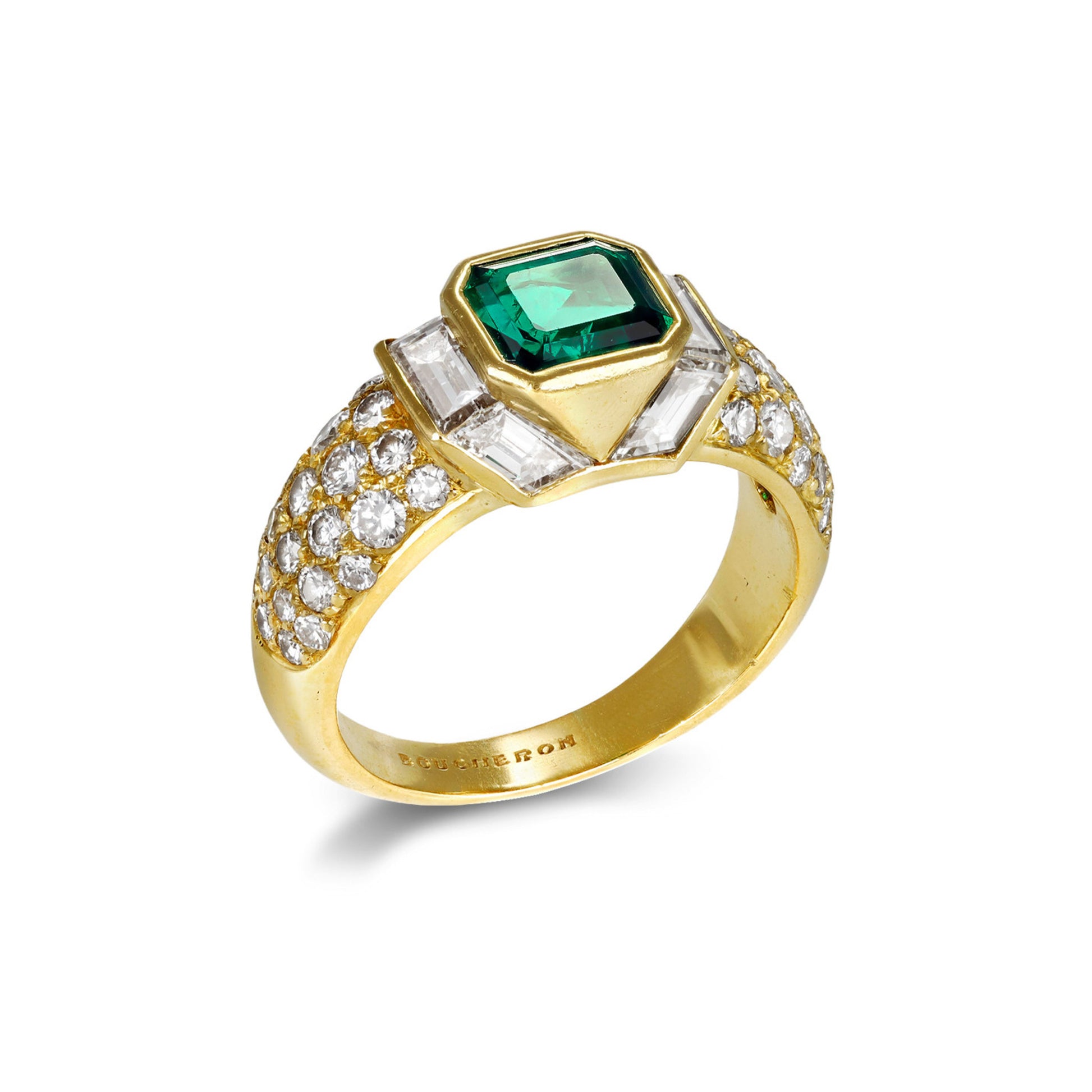 Boucheron French 1980s 18KT Yellow Gold Emerald & Diamond Ring profile and signature