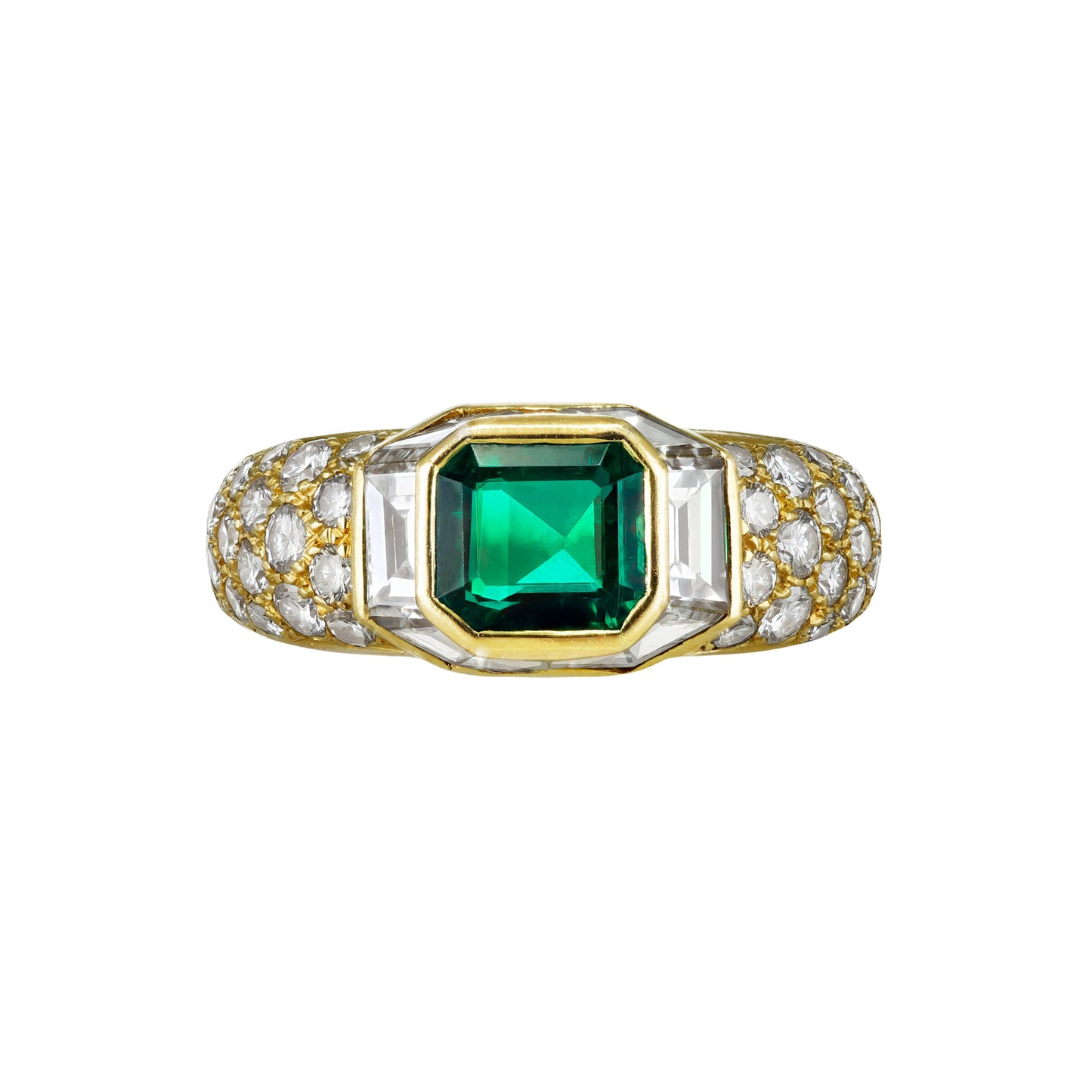 Boucheron French 1980s 18KT Yellow Gold Emerald & Diamond Ring front