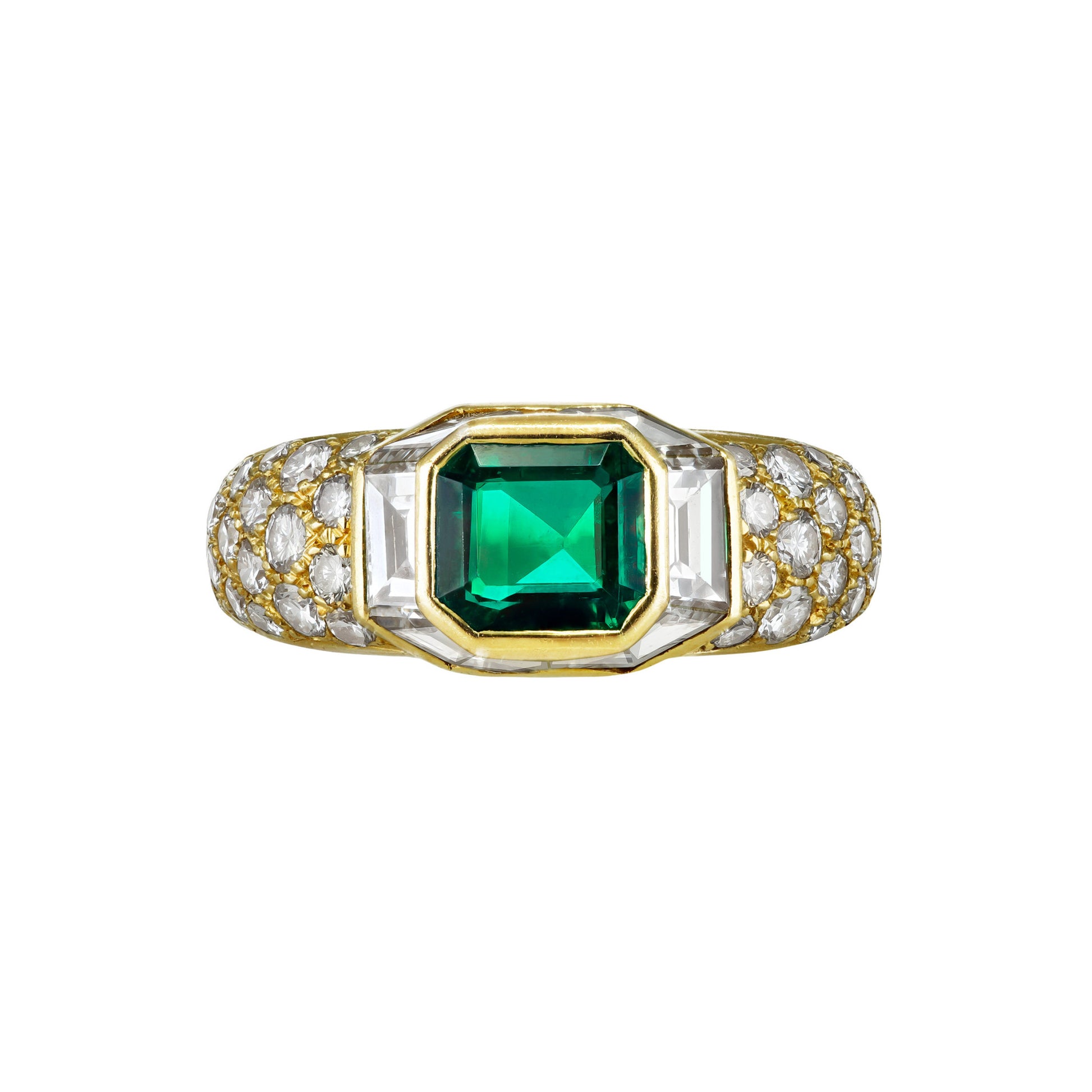 Boucheron French 1980s 18KT Yellow Gold Emerald & Diamond Ring front