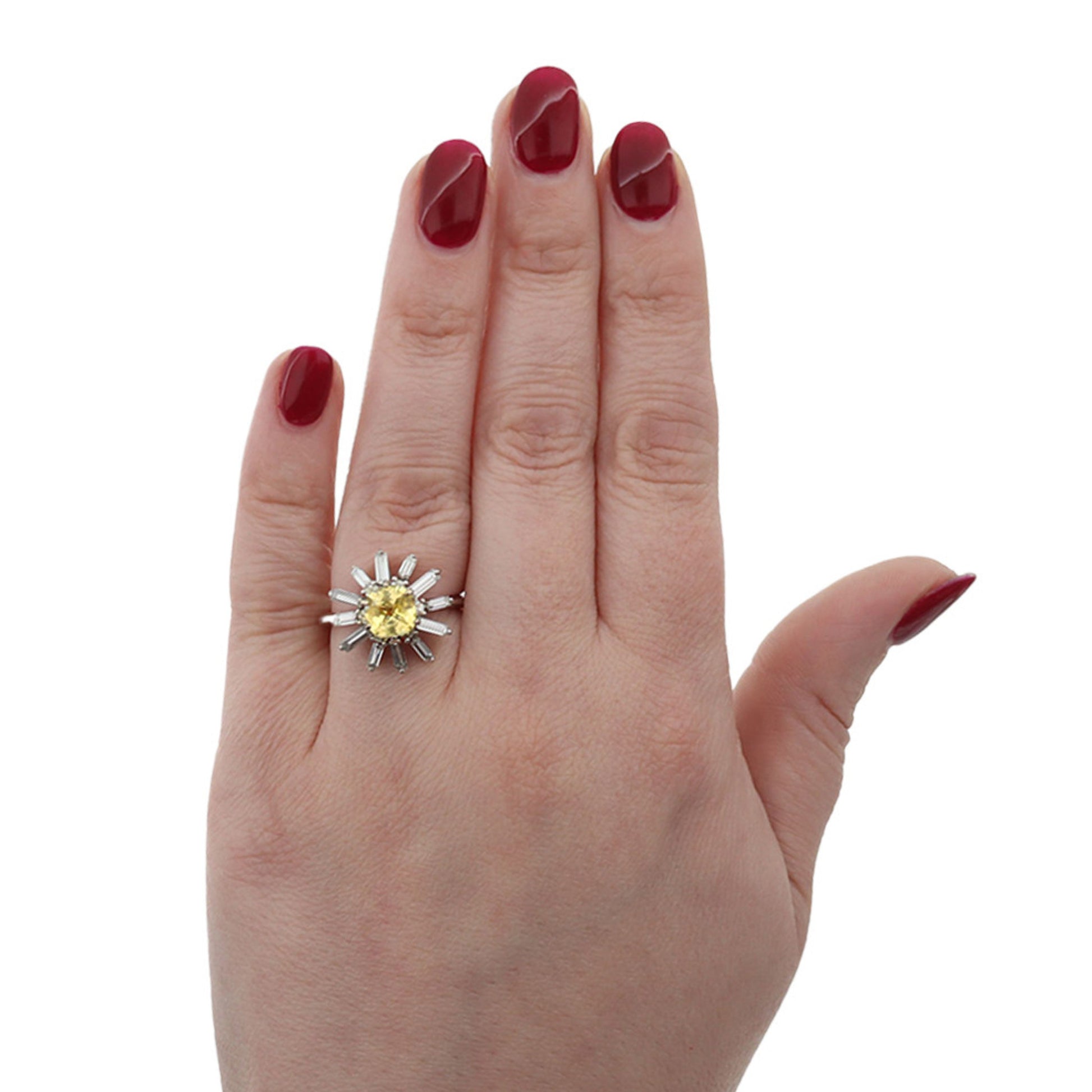1960s 18KT White Gold Sapphire & Diamond Ring on finger
