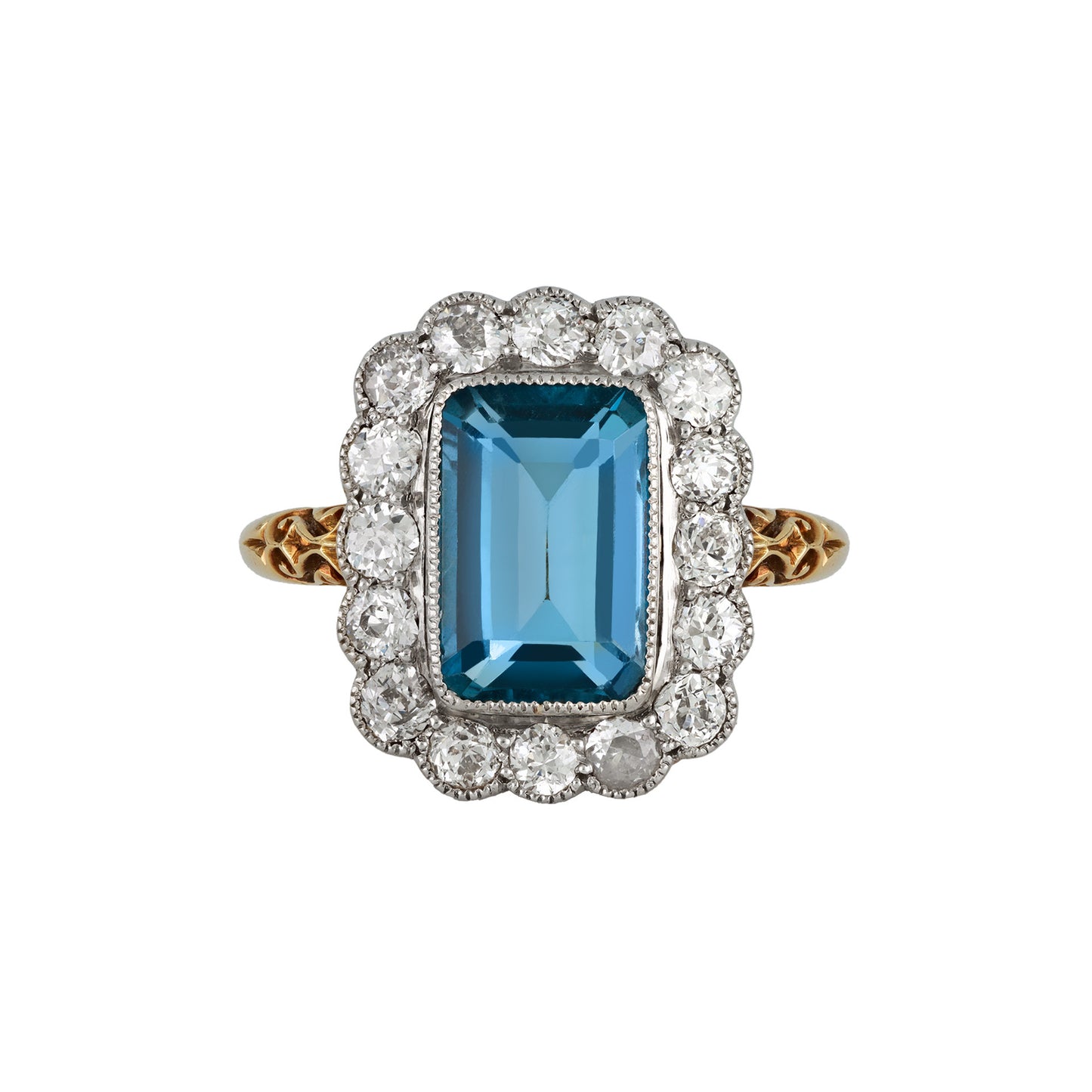 Edwardian Platinum & 18KT Yellow Gold Aquamarine & Diamond Ring front