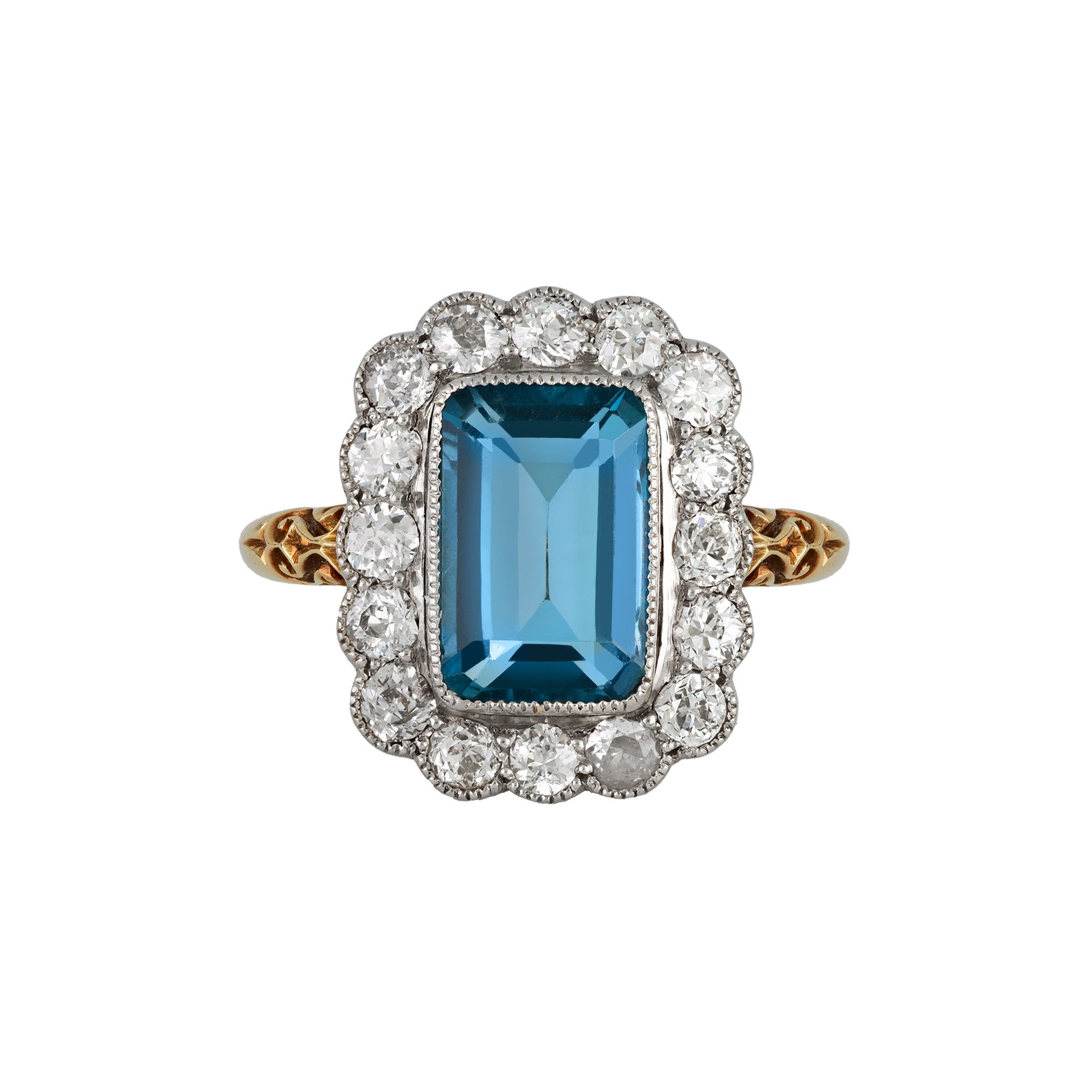 Edwardian Platinum & 18KT Yellow Gold Aquamarine & Diamond Ring front