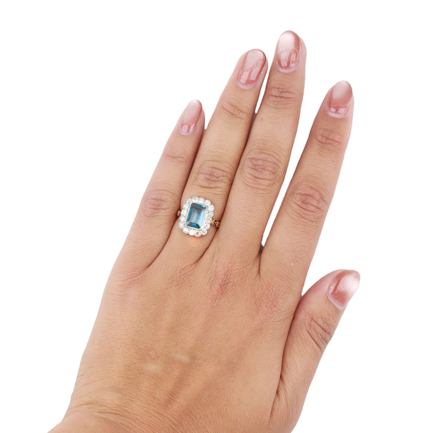 Edwardian Platinum & 18KT Yellow Gold Aquamarine & Diamond Ring on finger
