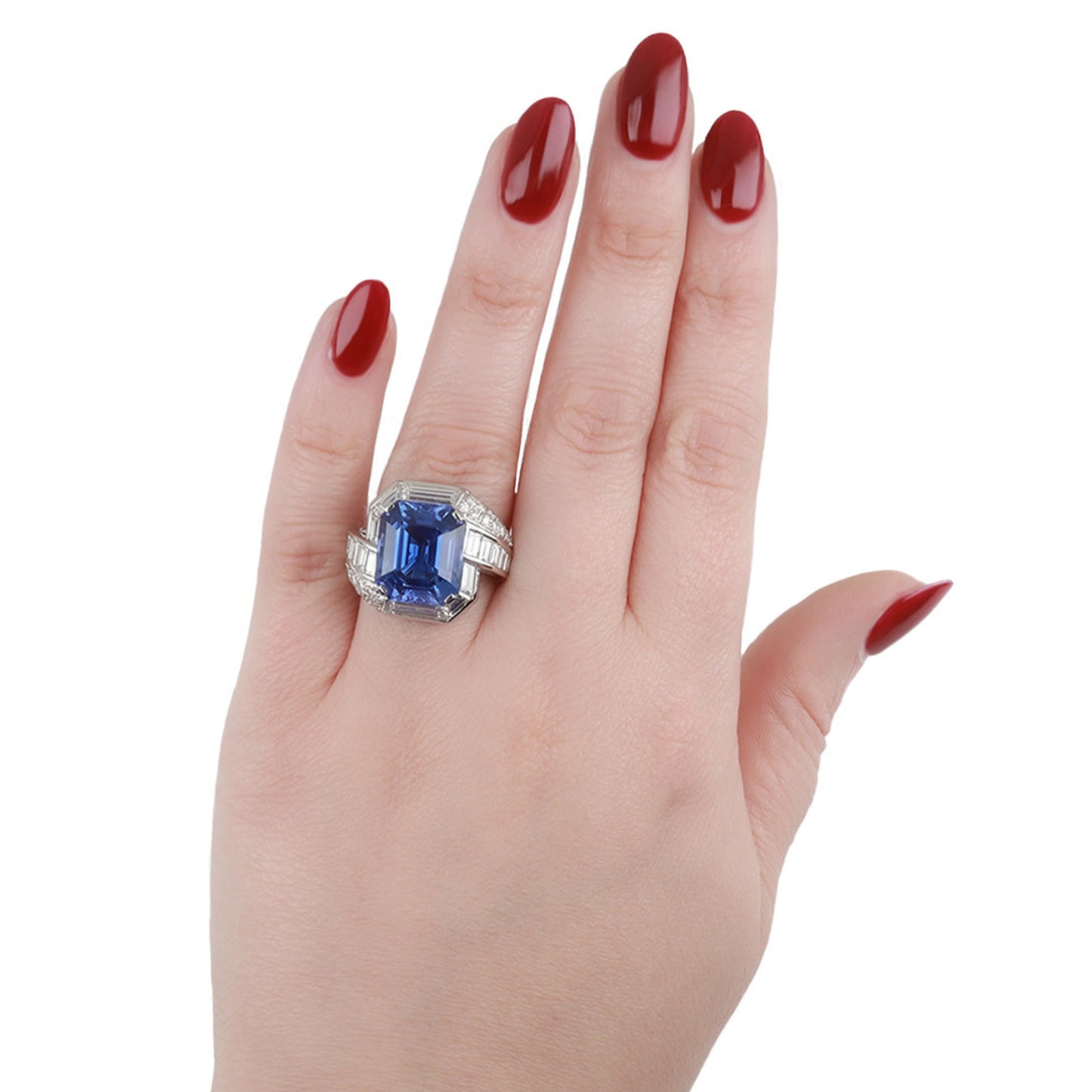 1960s Platinum & Iridium Sapphire & Diamond Ring on finger