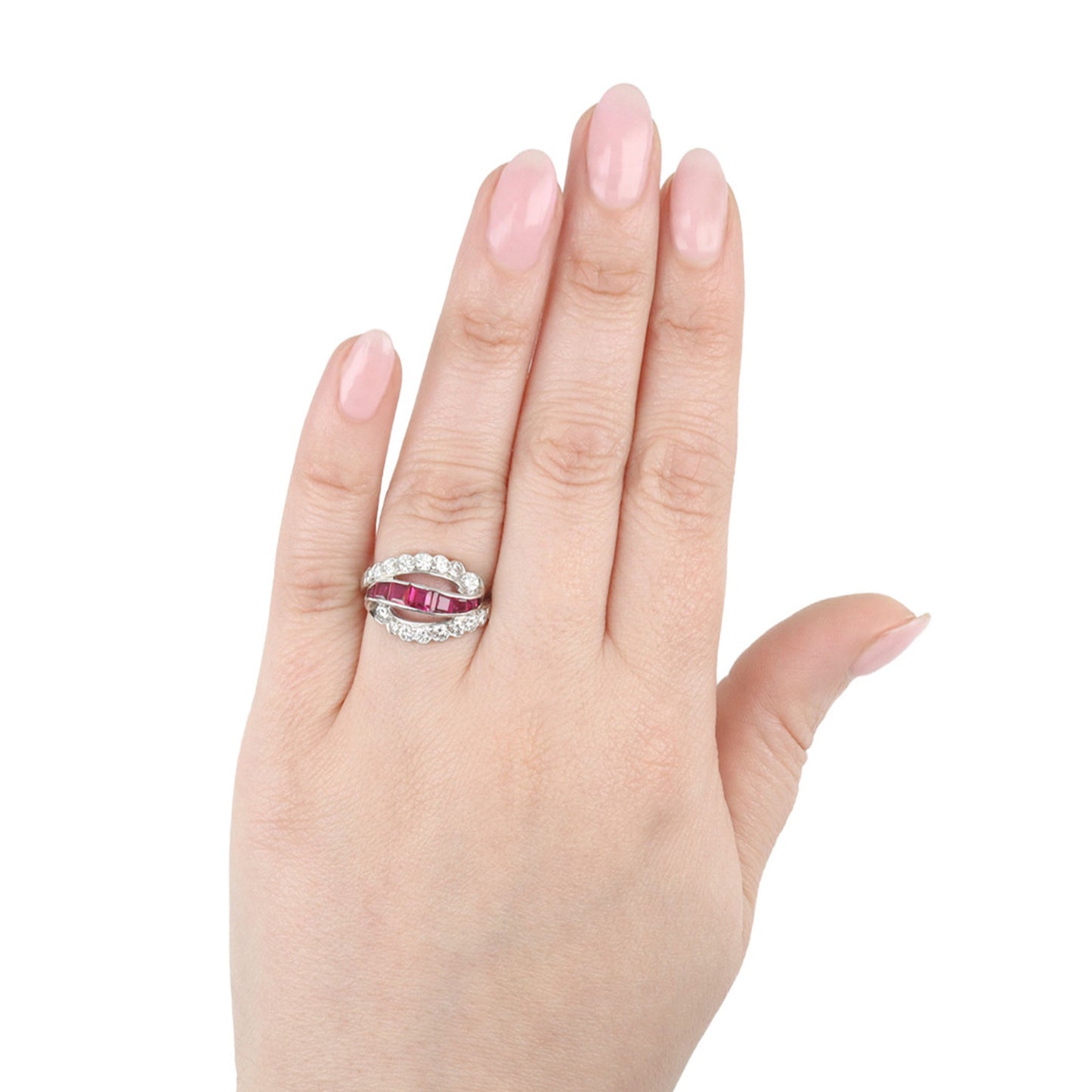 Oscar Heyman Bros. American 1950s Platinum & Iridium Ruby & Diamond Ring on fingers