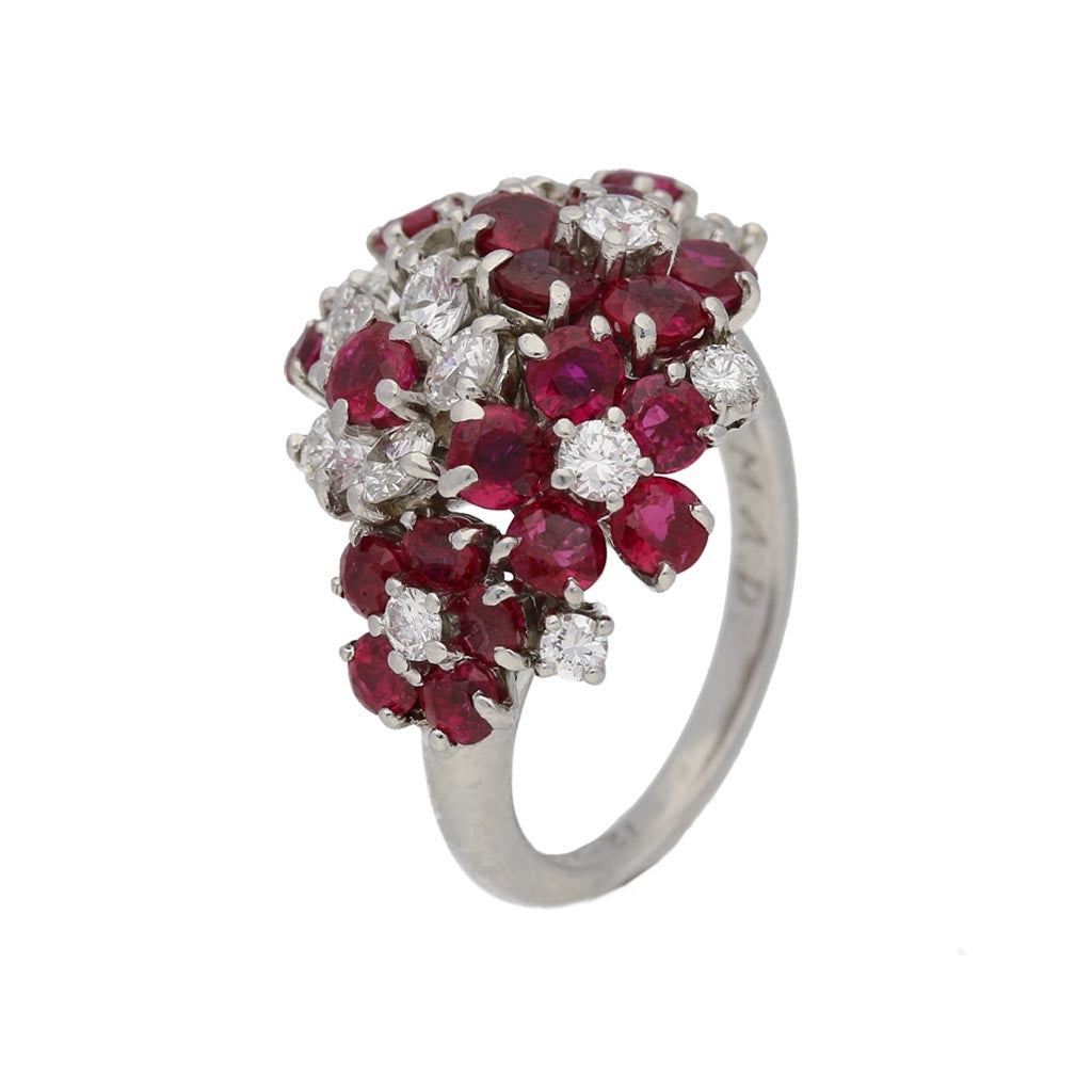 J.E. Caldwell American 1950s Platinum & Iridium Ruby & Diamond Ring front
