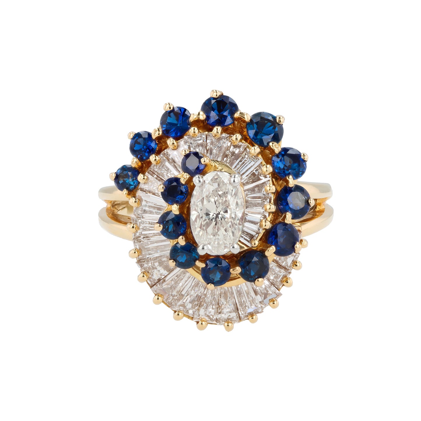Oscar Heyman Bros. American 1970s Platinum & 18KT Yellow Gold Diamond & Sapphire Ring front
