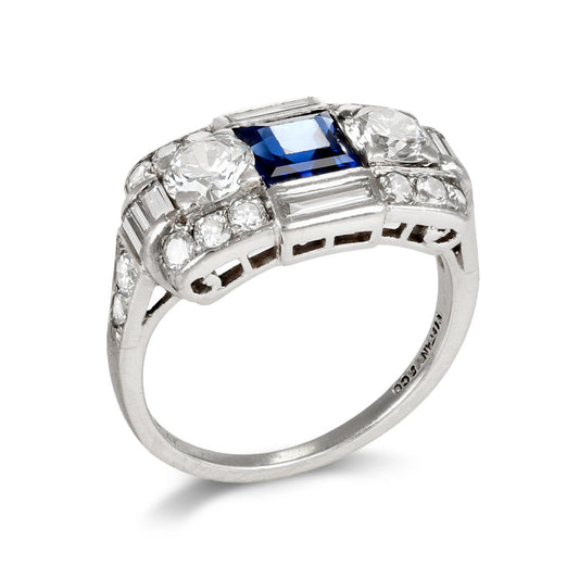 Tiffany & Co. Art Deco Platinum Sapphire & Diamond Ring profile