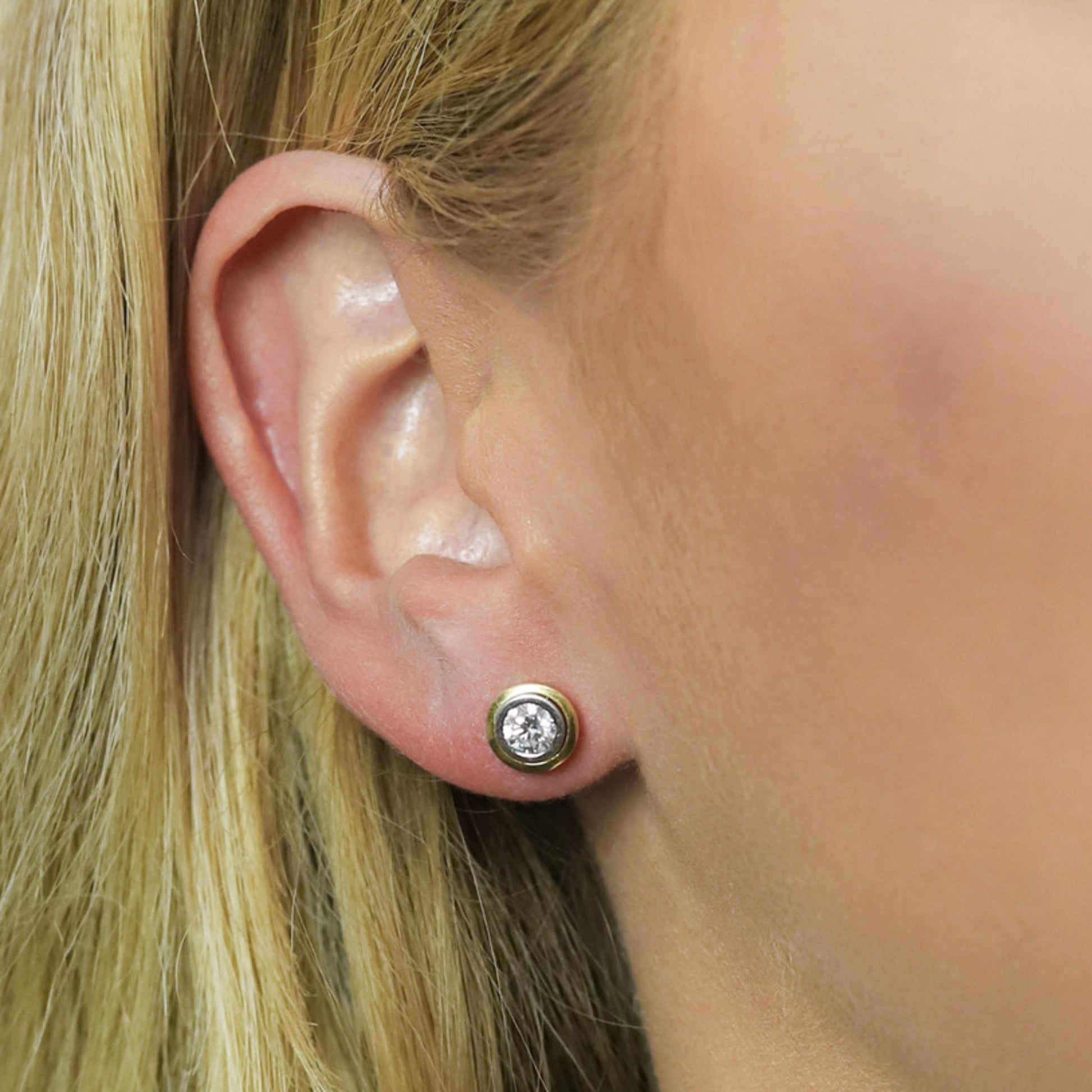 1970s 18KT White & Yellow Gold Diamond Earrings on ear