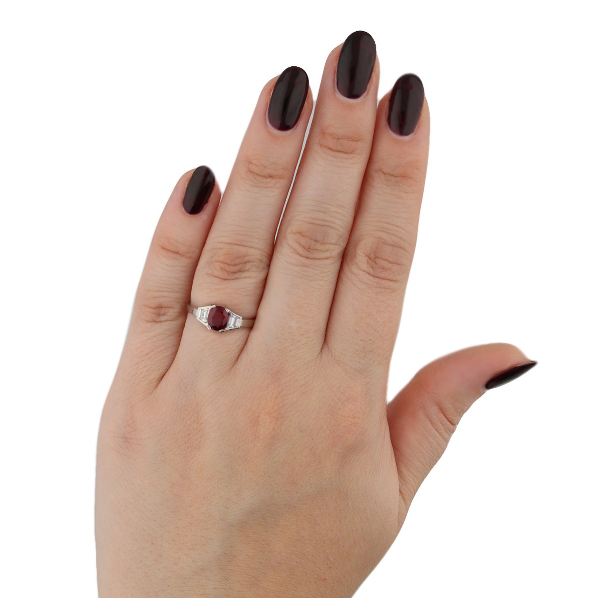 Art Deco Platinum Ruby & Diamond Ring on finger