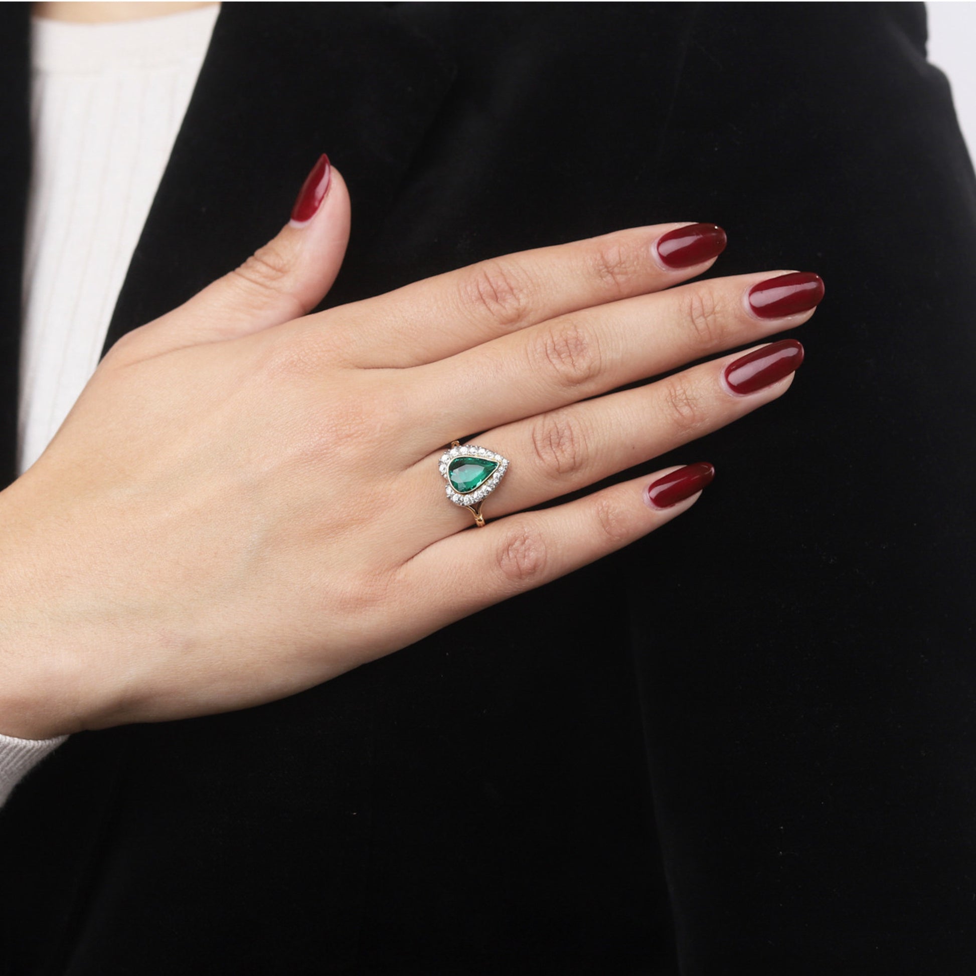 Edwardian Platinum & 18KT Yellow Gold Emerald & Diamond Ring on finger