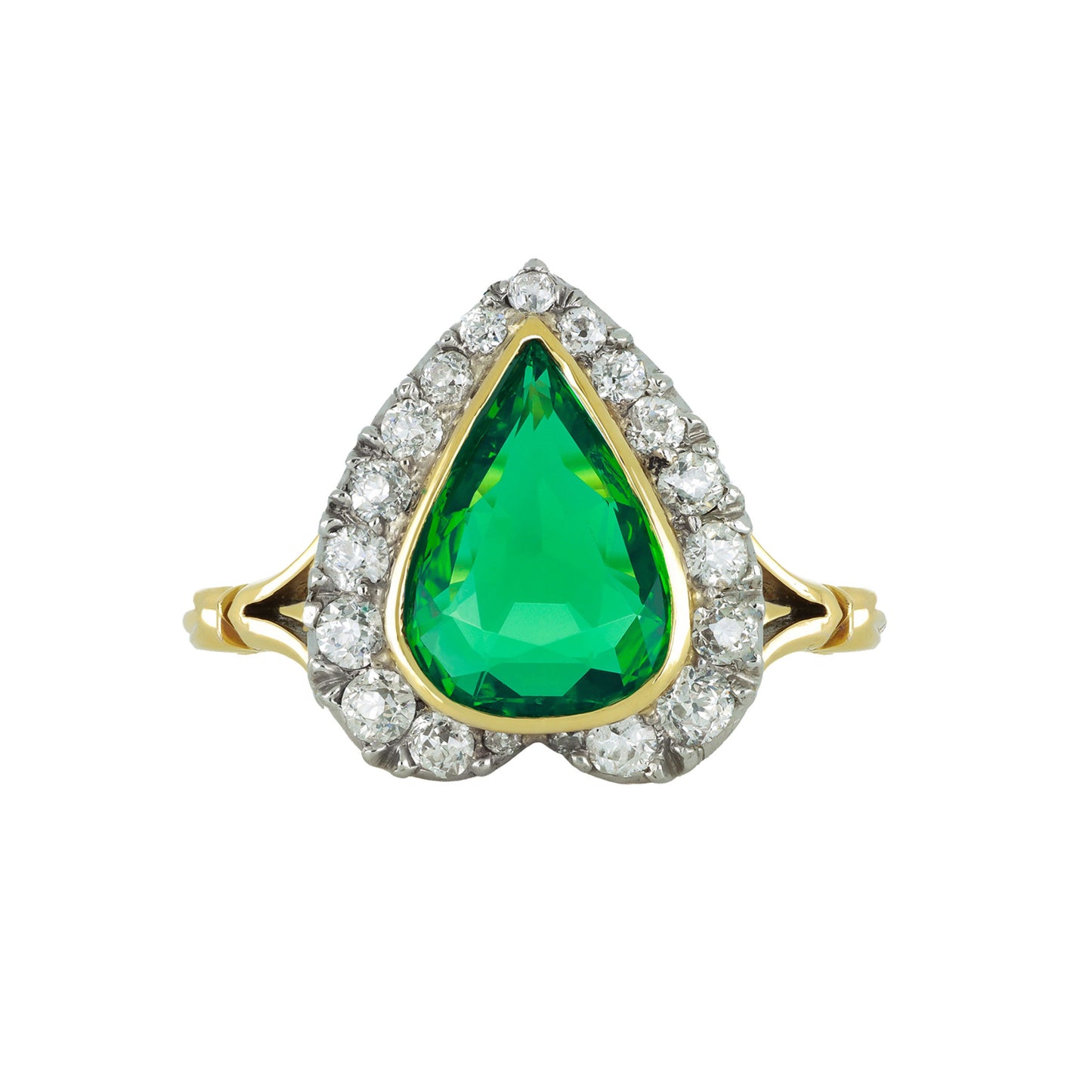 Edwardian Platinum & 18KT Yellow Gold Emerald & Diamond Ring front