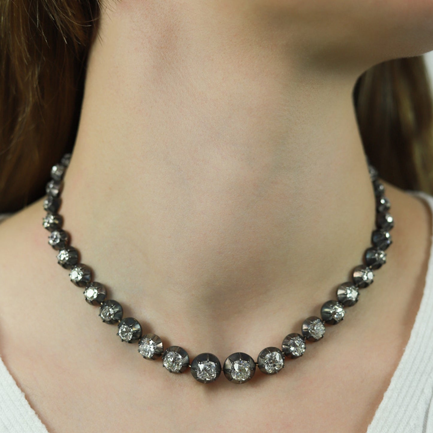 Victorian Silver & 18KT Yellow Gold Diamond Necklace on neck