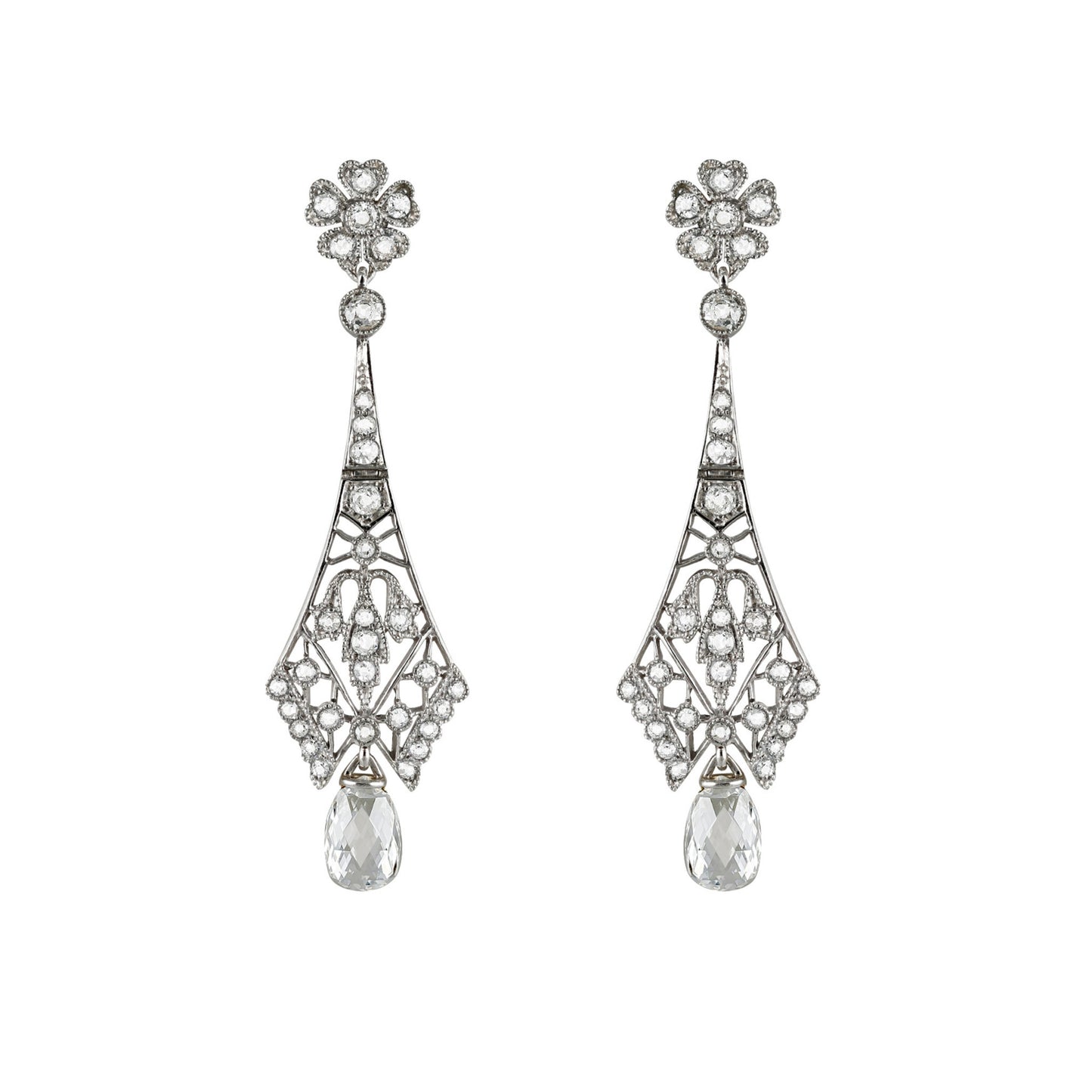 American Art Deco Platinum Diamond Earrings front