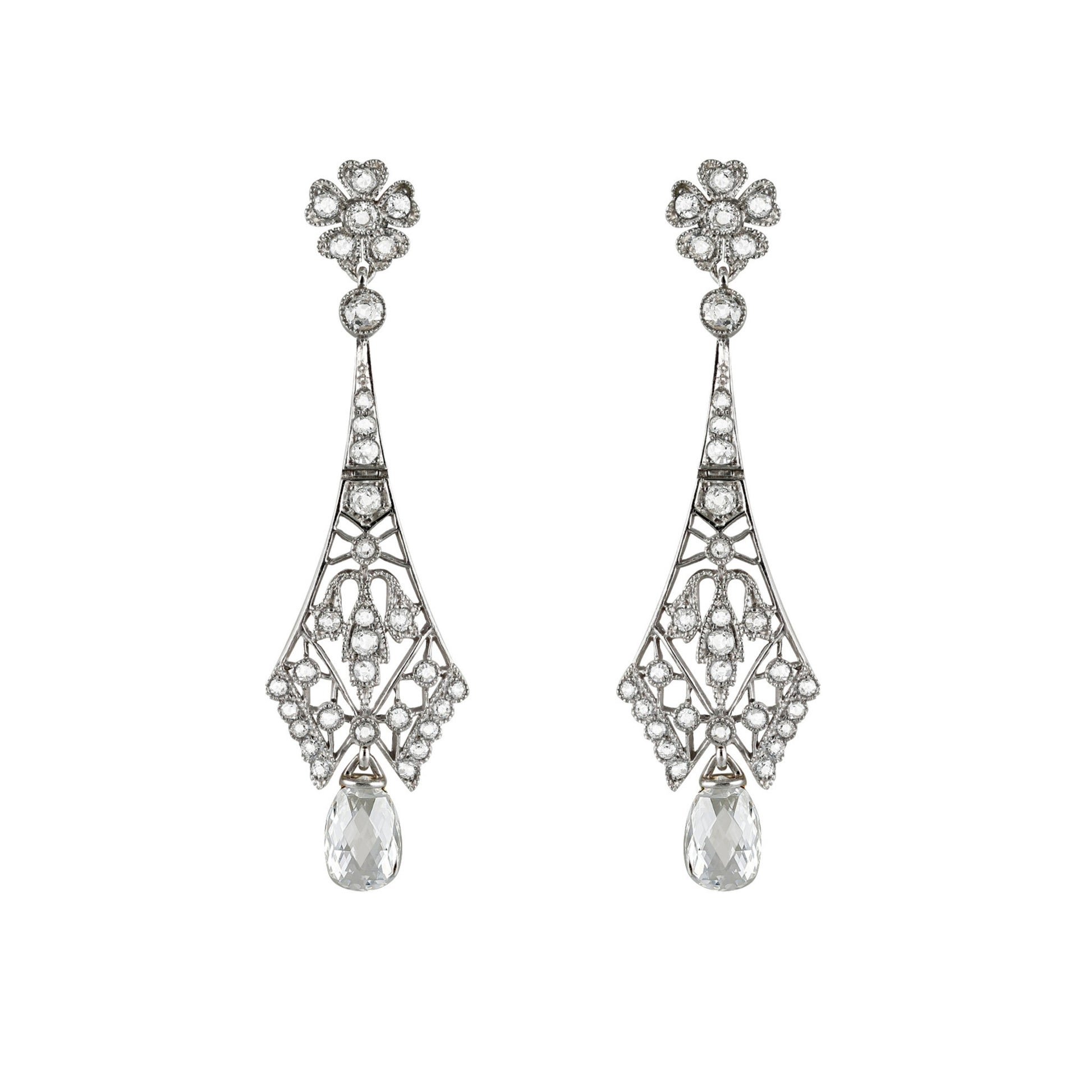 American Art Deco Platinum Diamond Earrings front