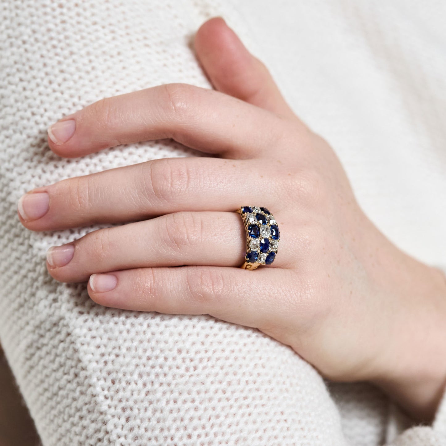 Victorian 18KT Yellow Gold Sapphire & Diamond Ring on finger