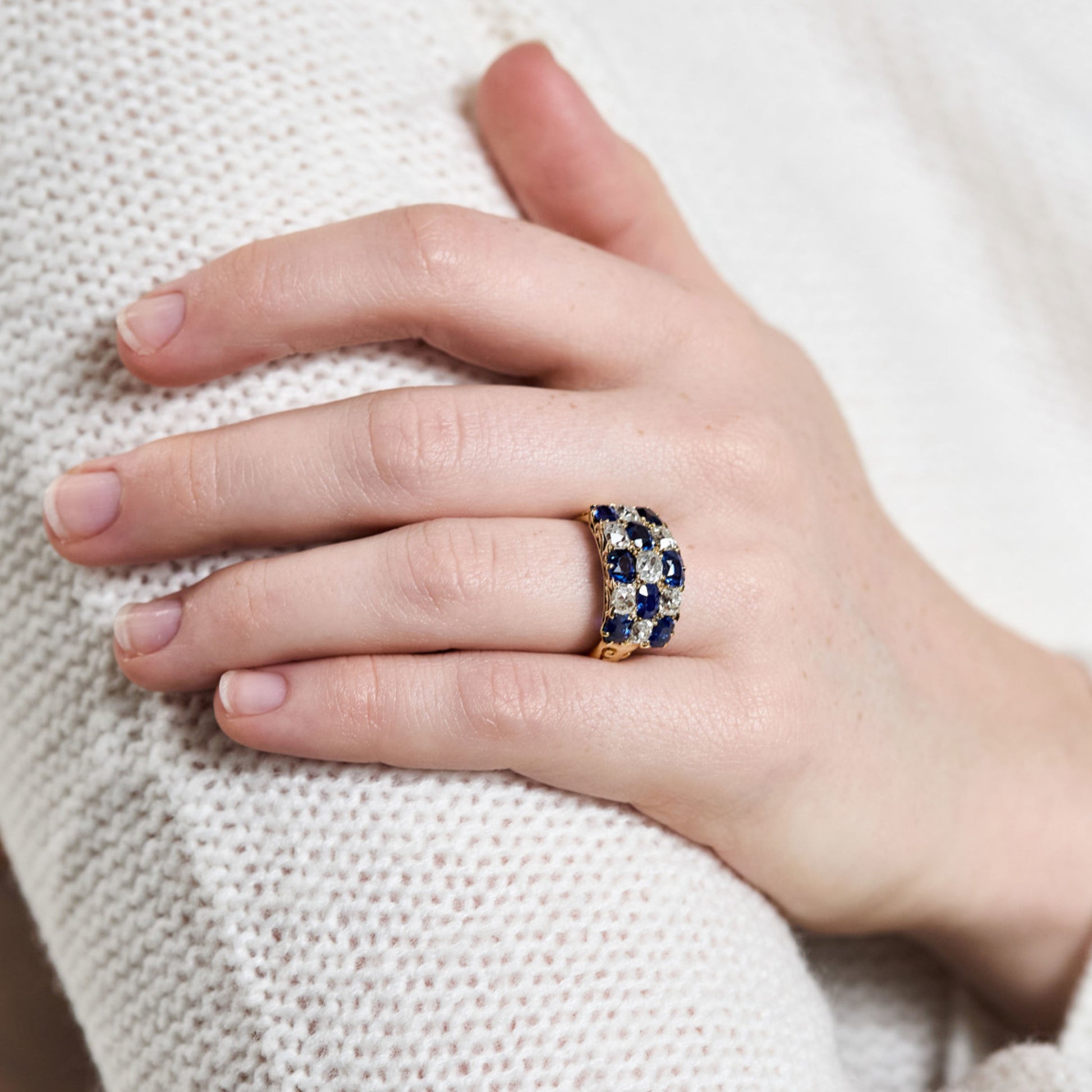 Victorian 18KT Yellow Gold Sapphire & Diamond Ring on finger