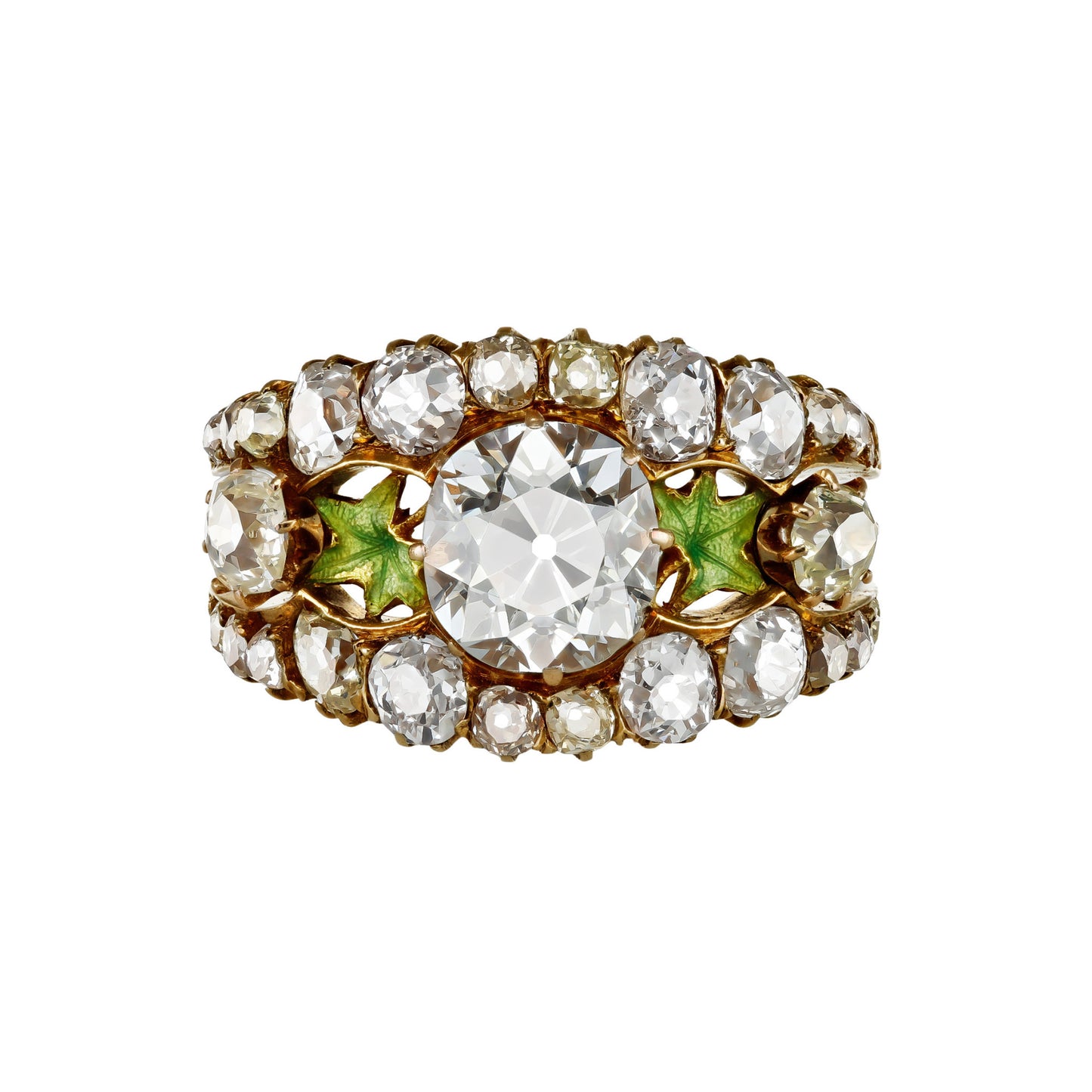 Art Nouveau 18KT Yellow Gold Diamond & Enamel Ring front