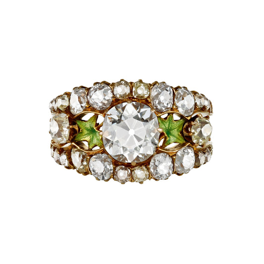 Art Nouveau 18KT Yellow Gold Diamond & Enamel Ring front