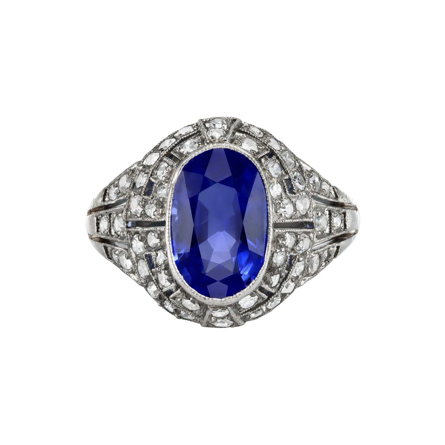 French Art Deco Platinum Sapphire & Diamond Ring front