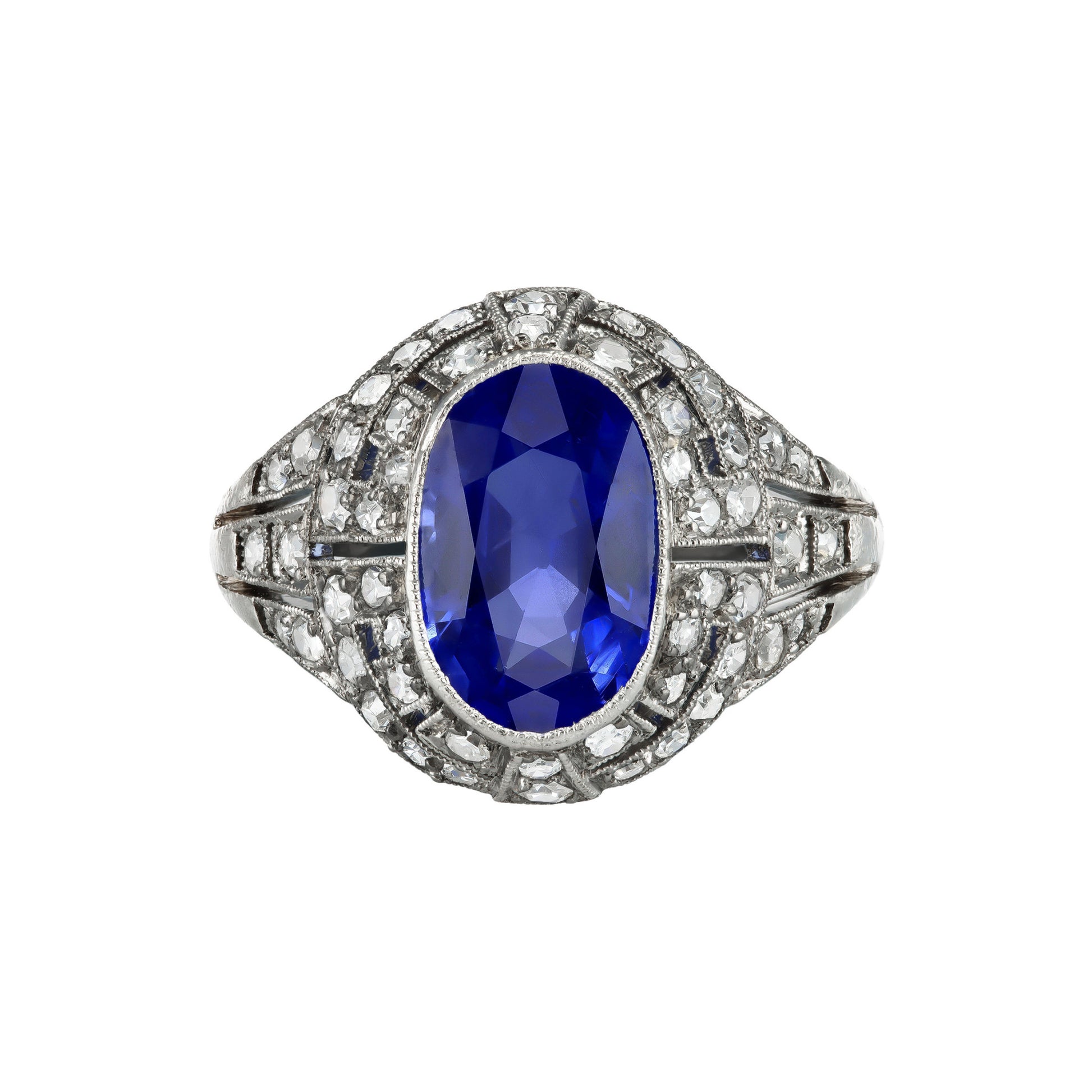 French Art Deco Platinum Sapphire & Diamond Ring front