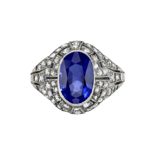 French Art Deco Platinum Sapphire & Diamond Ring front