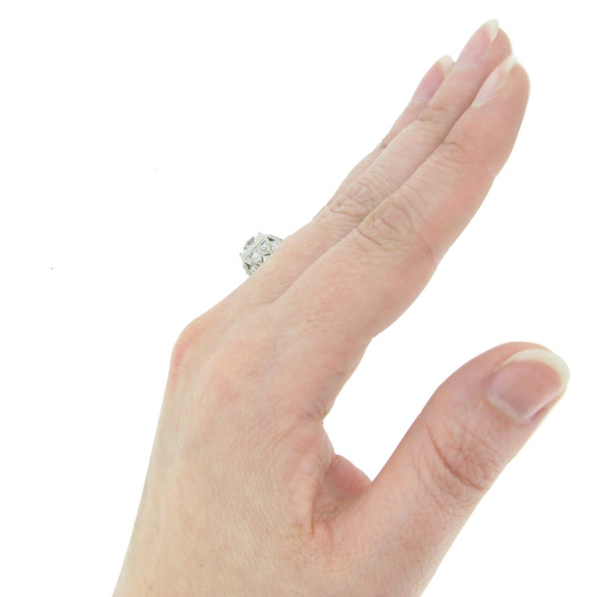 Art Deco Platinum Diamond Ring on finger