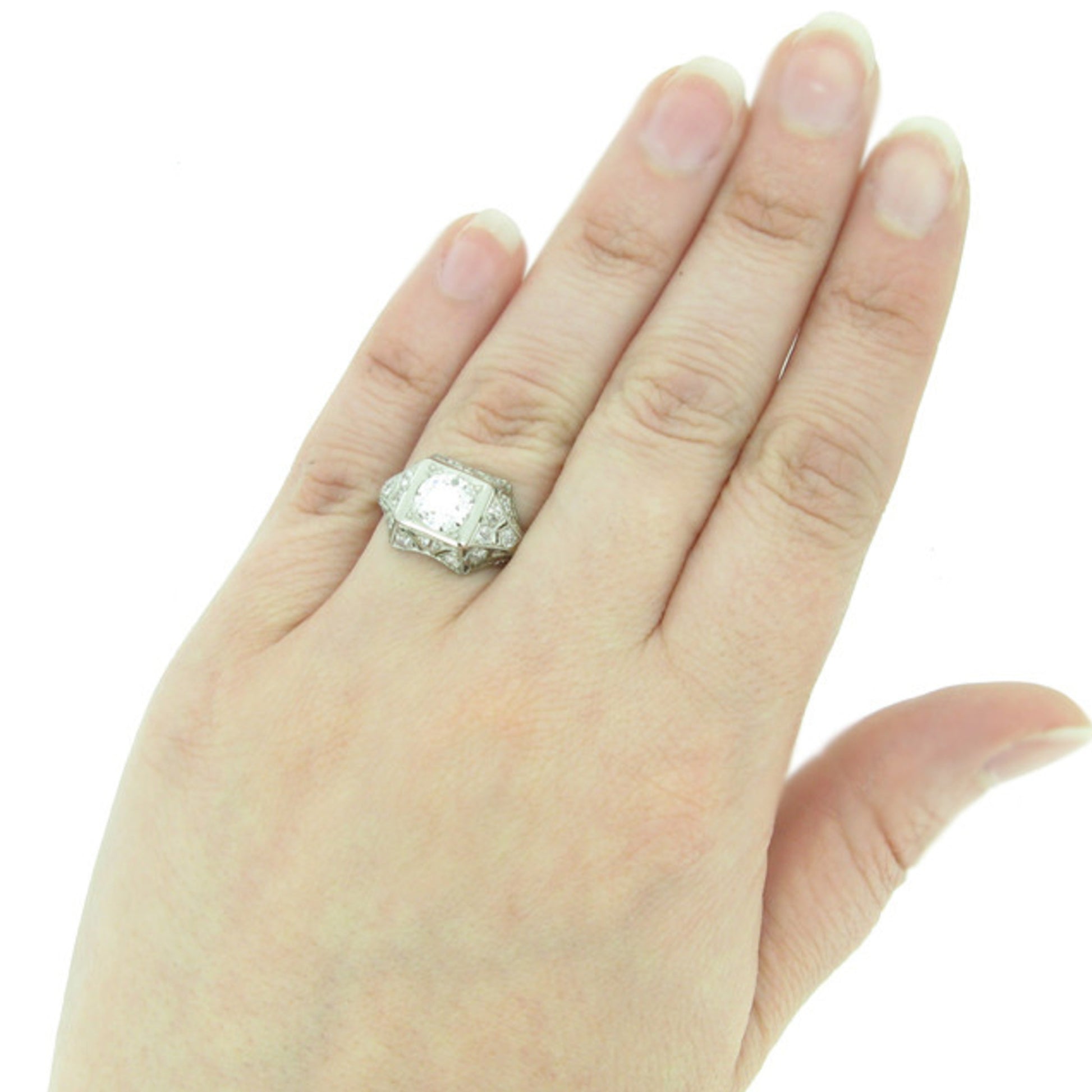 Art Deco Platinum Diamond Ring on finger