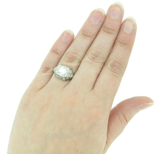 Art Deco Platinum Diamond Ring on finger