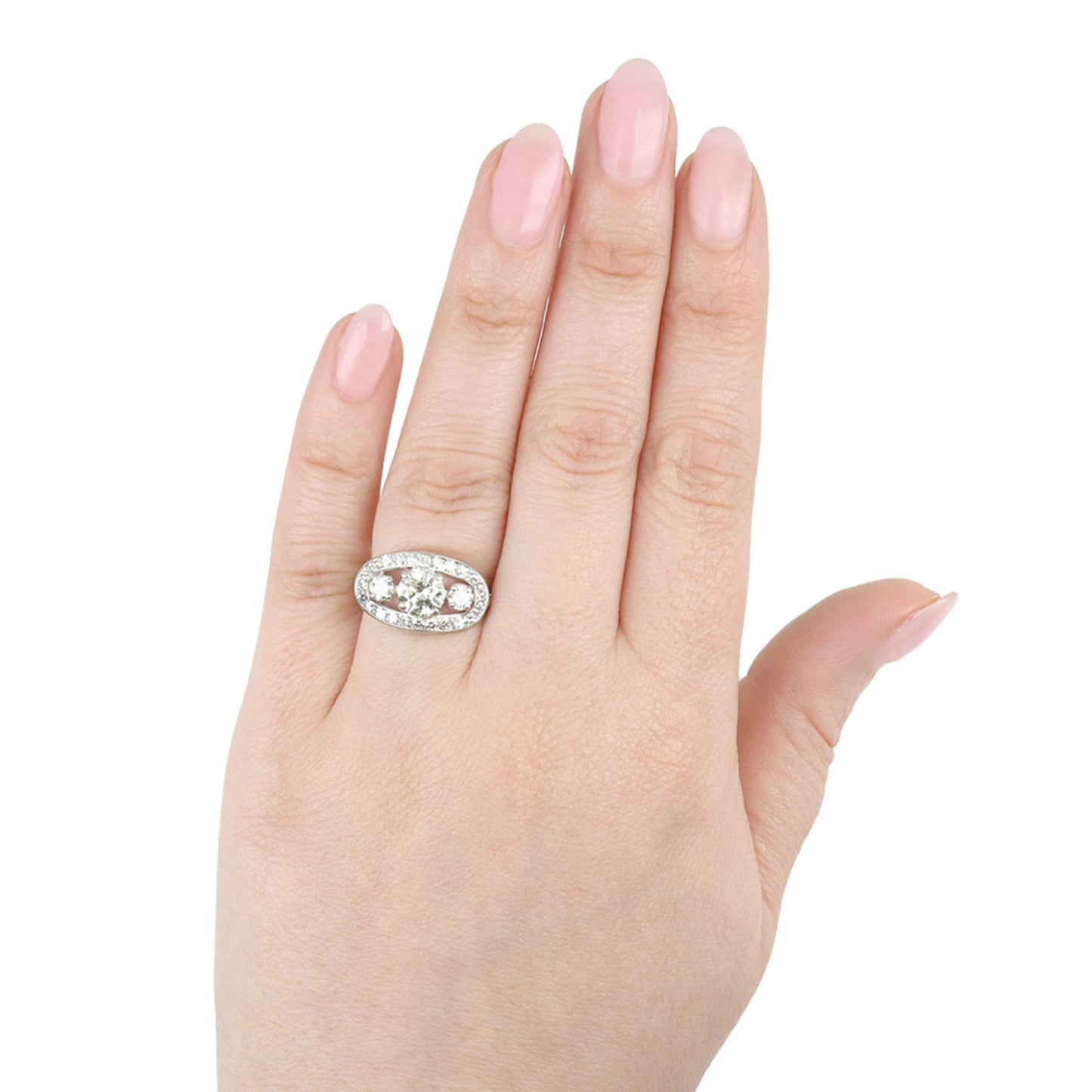 Whitehouse Bros 1950s Platinum & Iridium Diamond Ring on finger