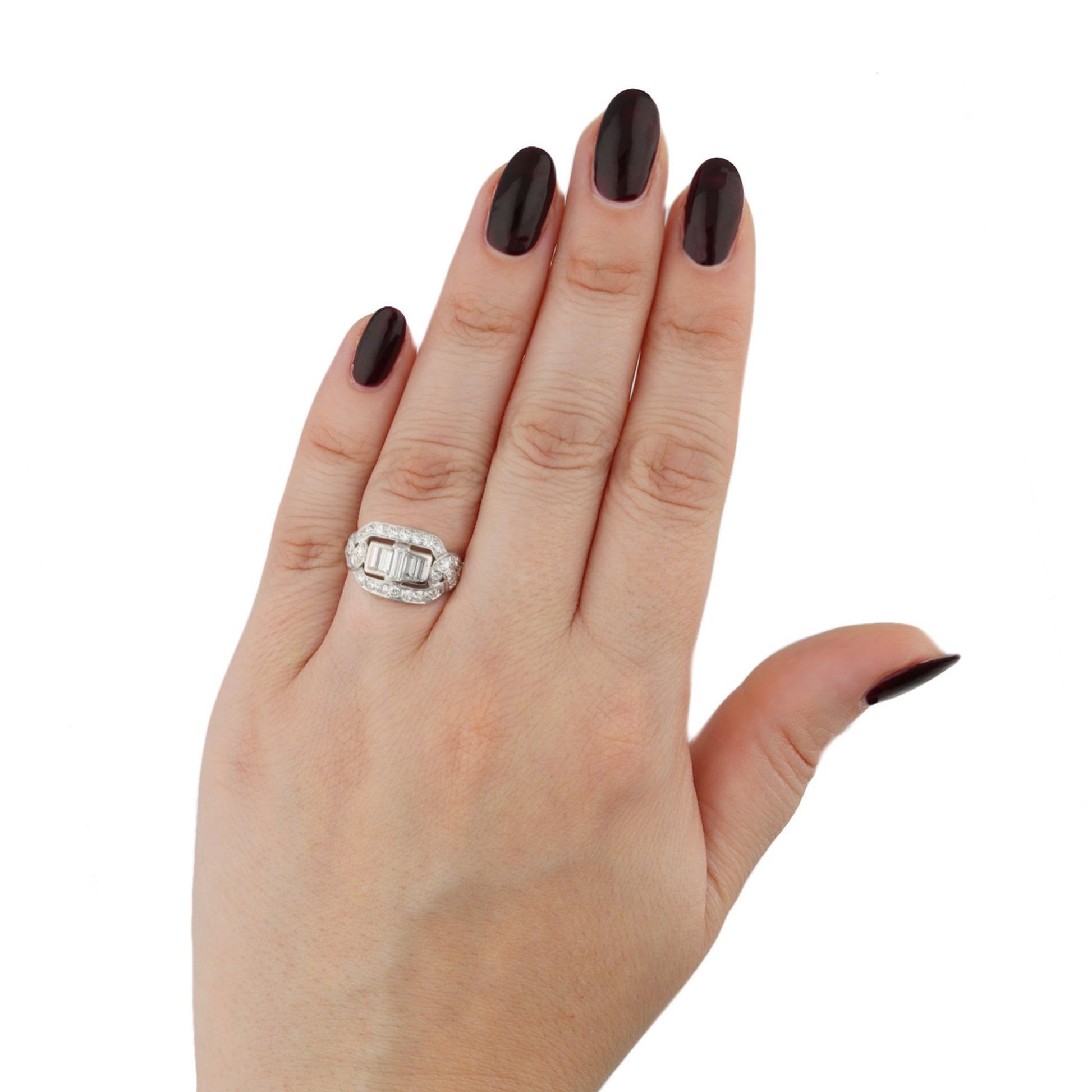 American Art Deco Platinum Diamond Ring on finger