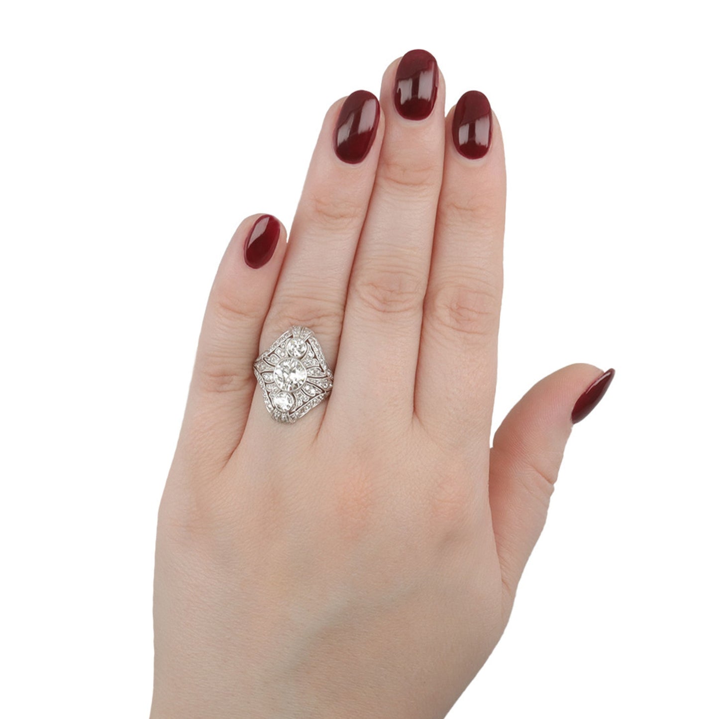 Art Deco Platinum Diamond Ring on finger