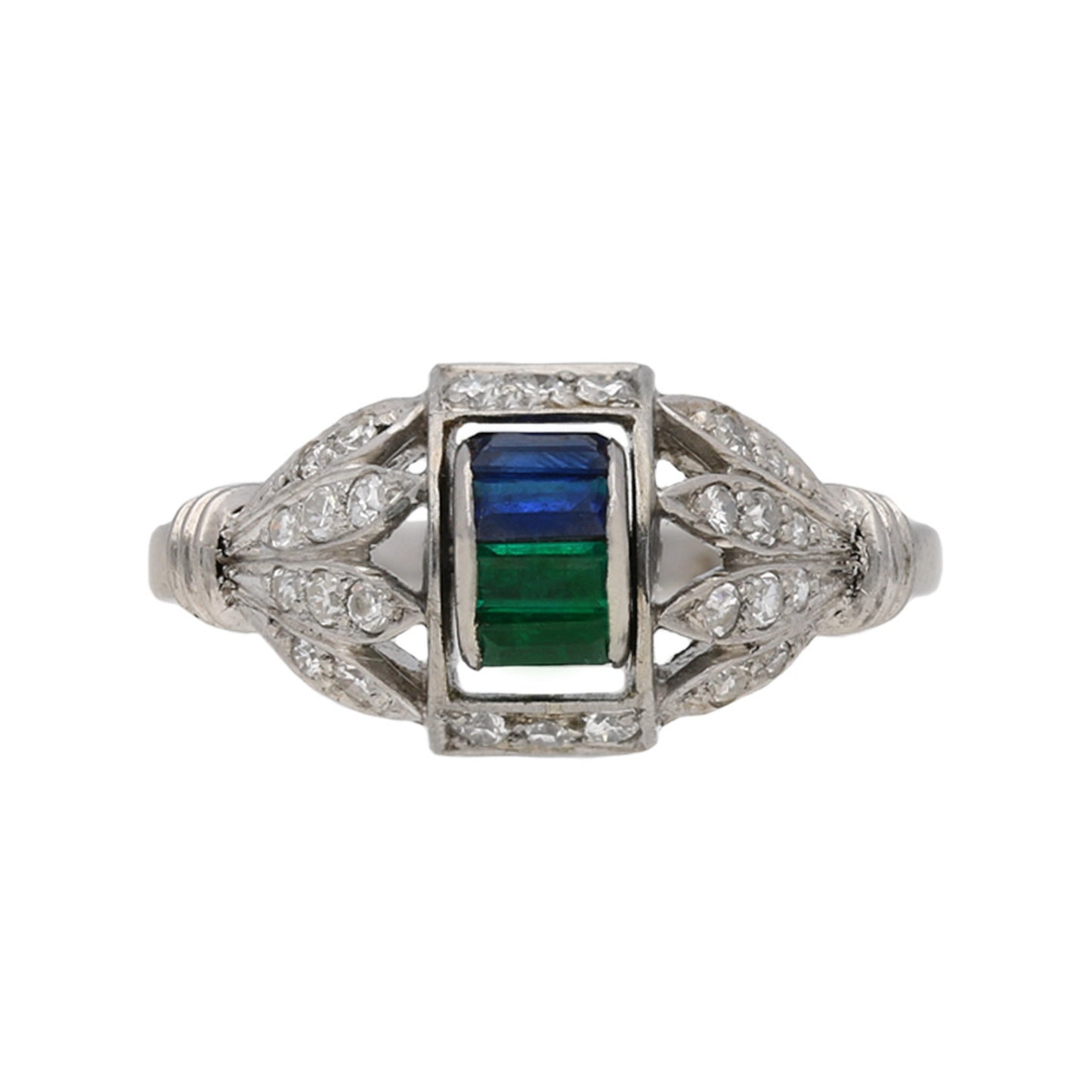 W & H Ltd. Art Deco Platinum Emerald, Diamond & Sapphire Ring front