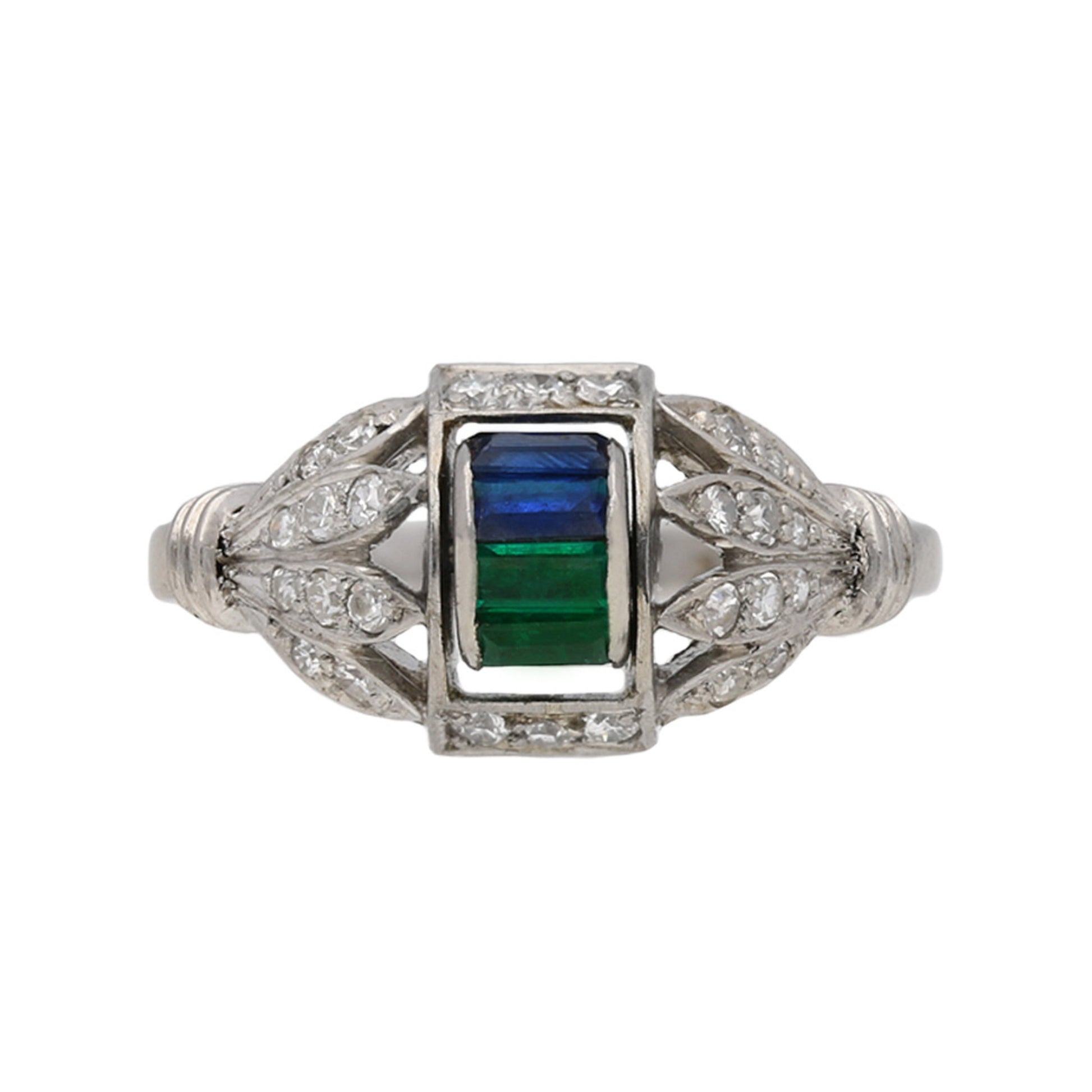 W & H Ltd. Art Deco Platinum Emerald, Diamond & Sapphire Ring front