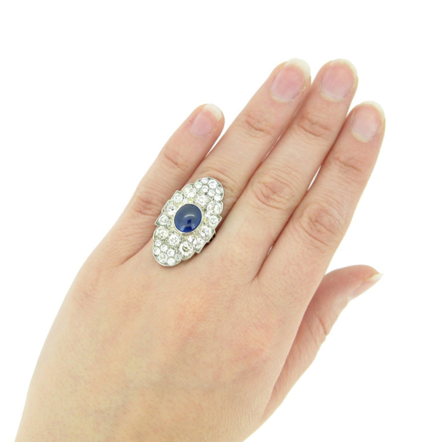 Edwardian Platinum Sapphire & Diamond Ring on finger