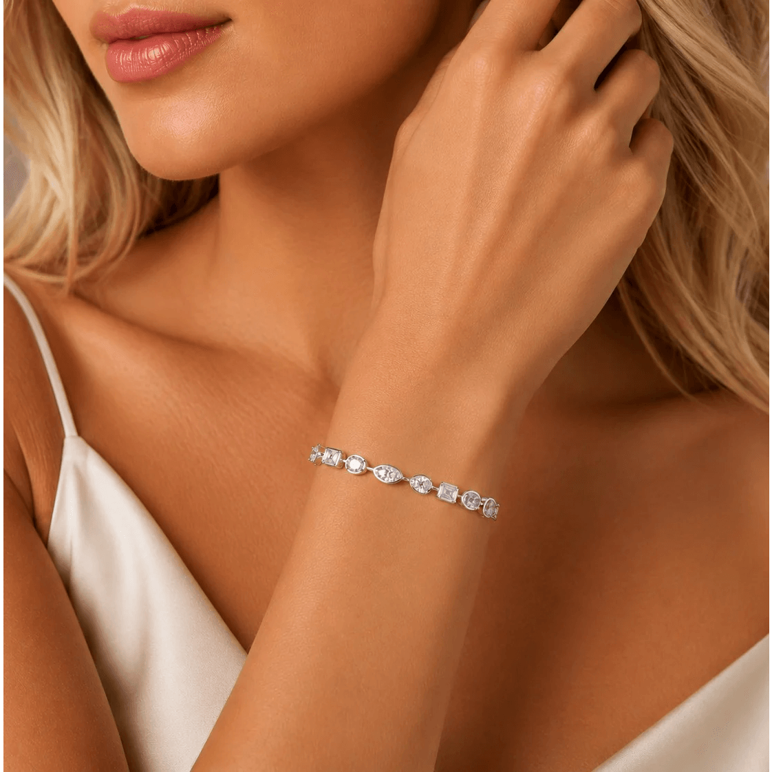 Contemporary 14KT White Gold Diamond Bracelet on wrist