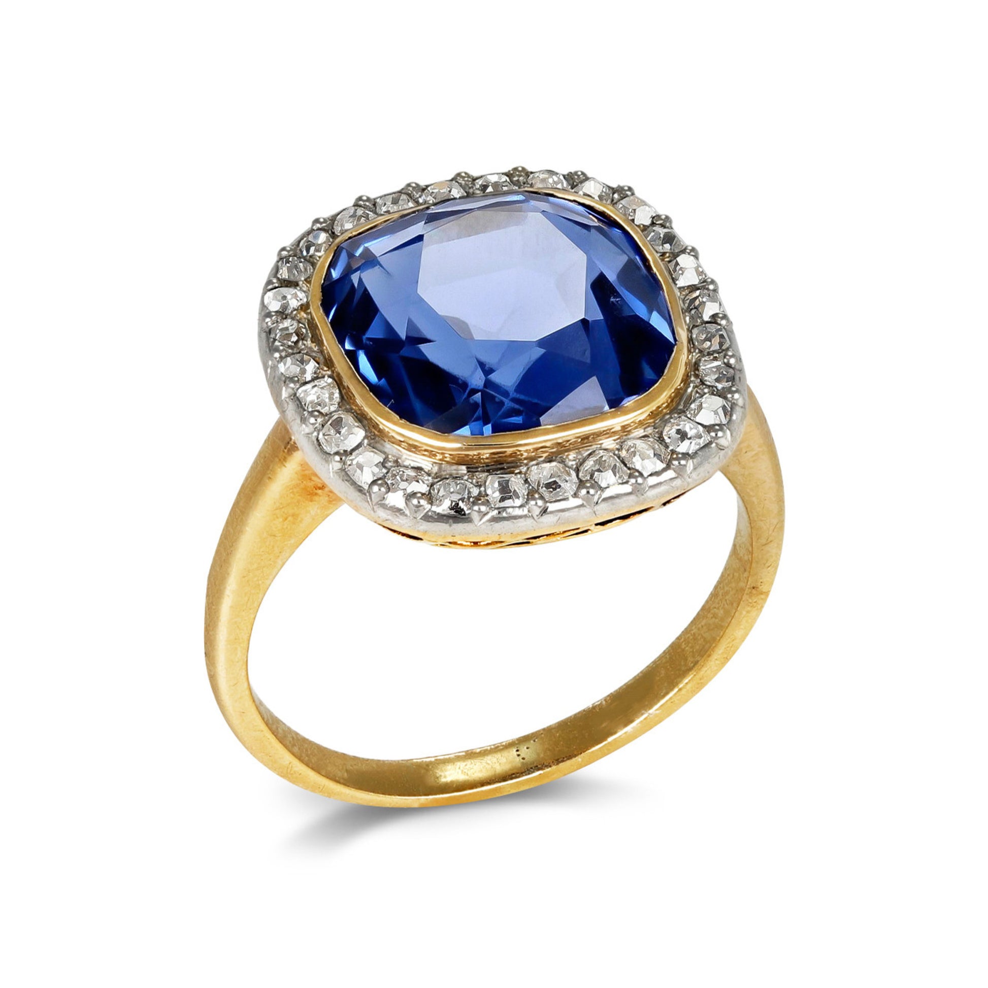 French Edwardian Platinum & 18KT Yellow Gold Sapphire & Diamond Ring profile