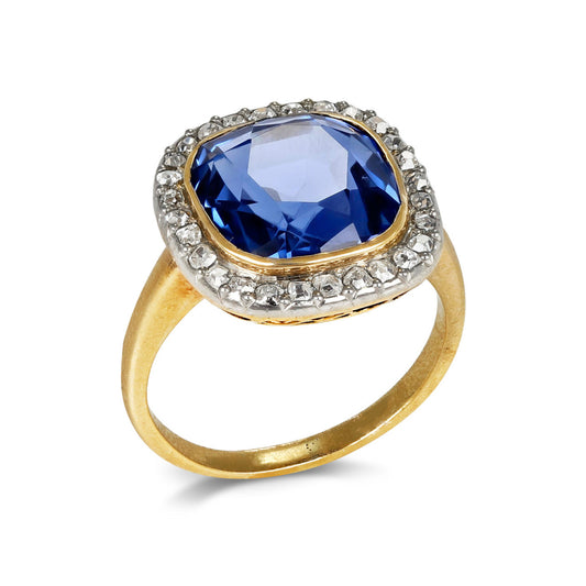 French Edwardian Platinum & 18KT Yellow Gold Sapphire & Diamond Ring profile