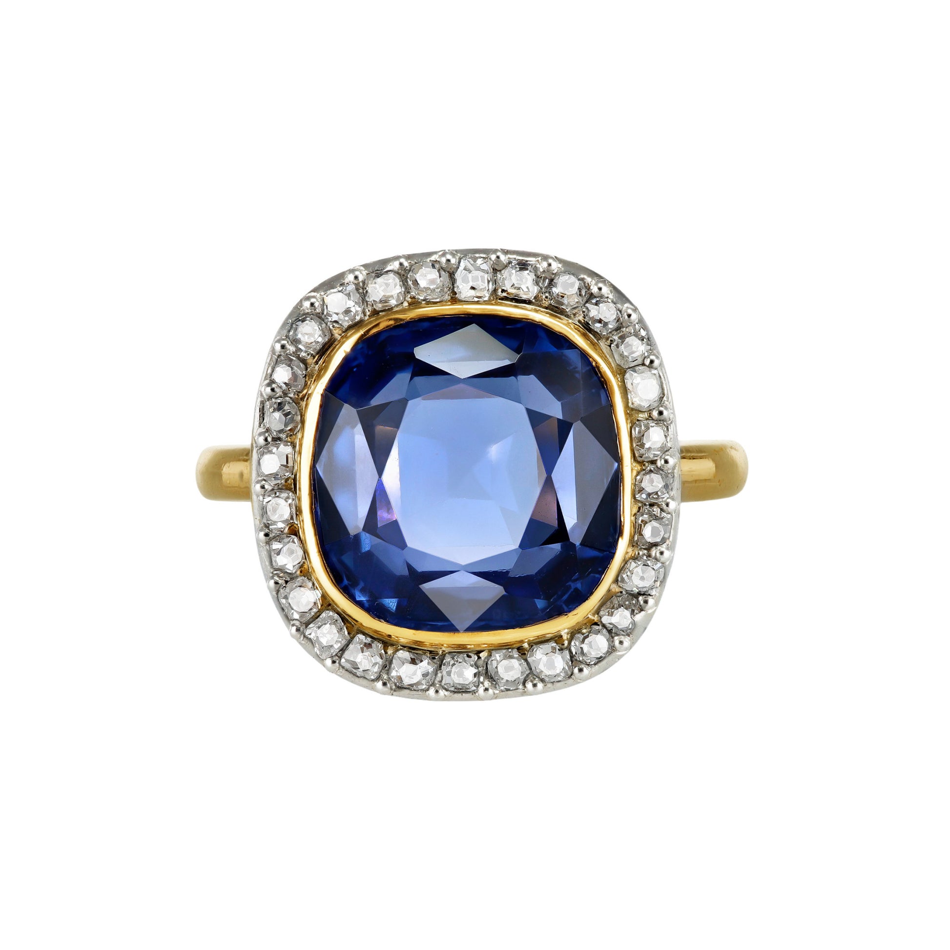 French Edwardian Platinum & 18KT Yellow Gold Sapphire & Diamond Ring front