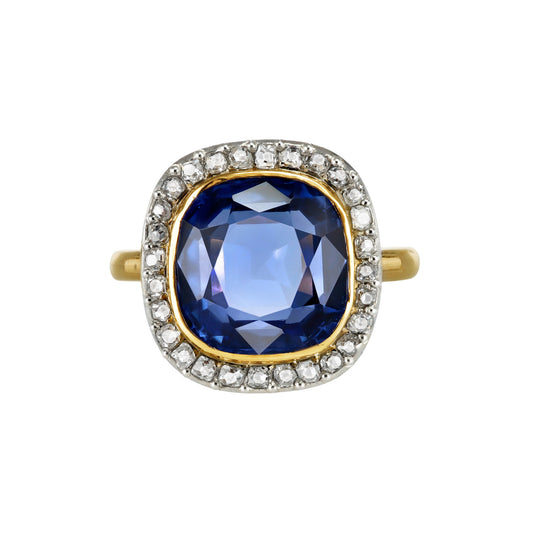 French Edwardian Platinum & 18KT Yellow Gold Sapphire & Diamond Ring front