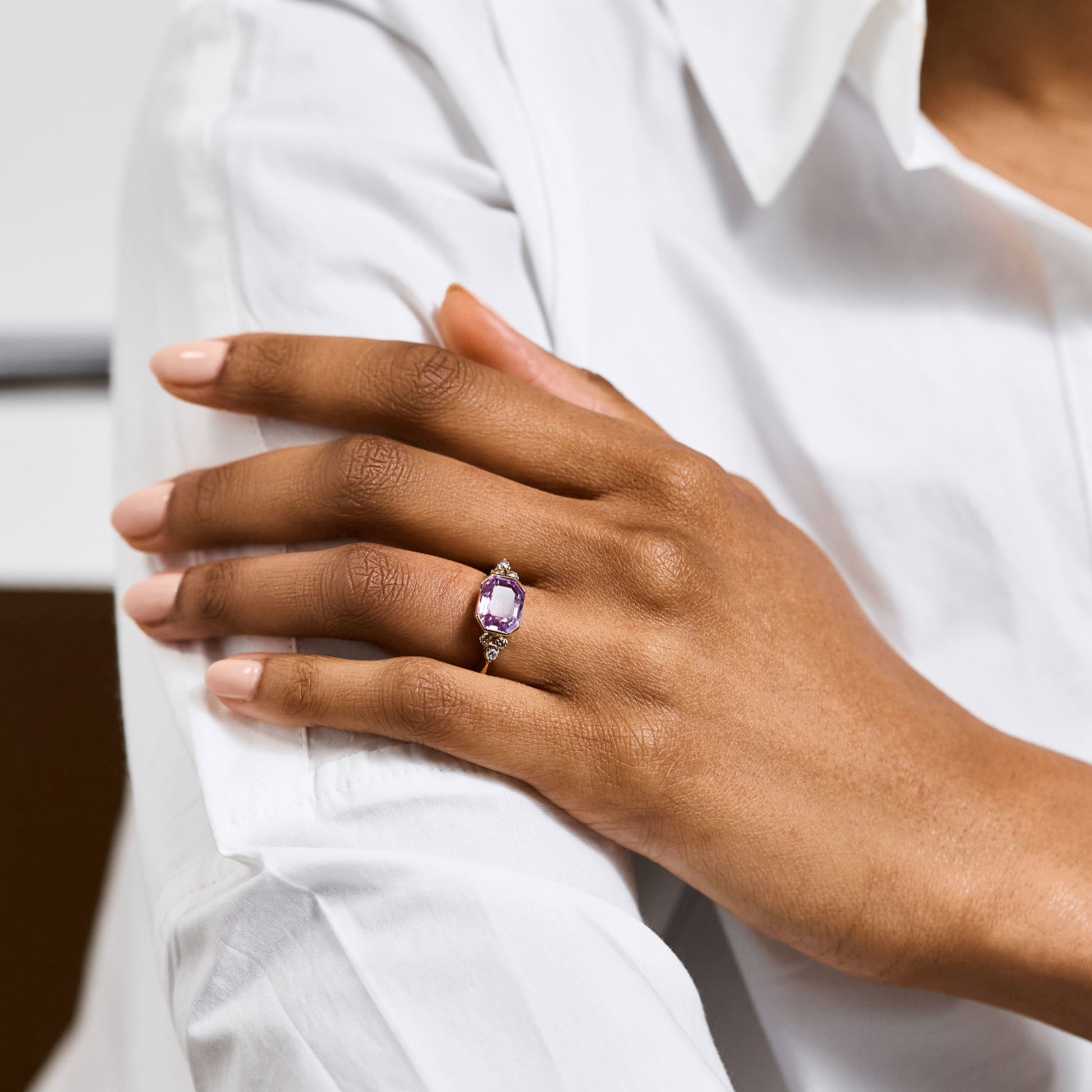 1970s 18KT Rose Gold Sapphire & Diamond Ring on finger