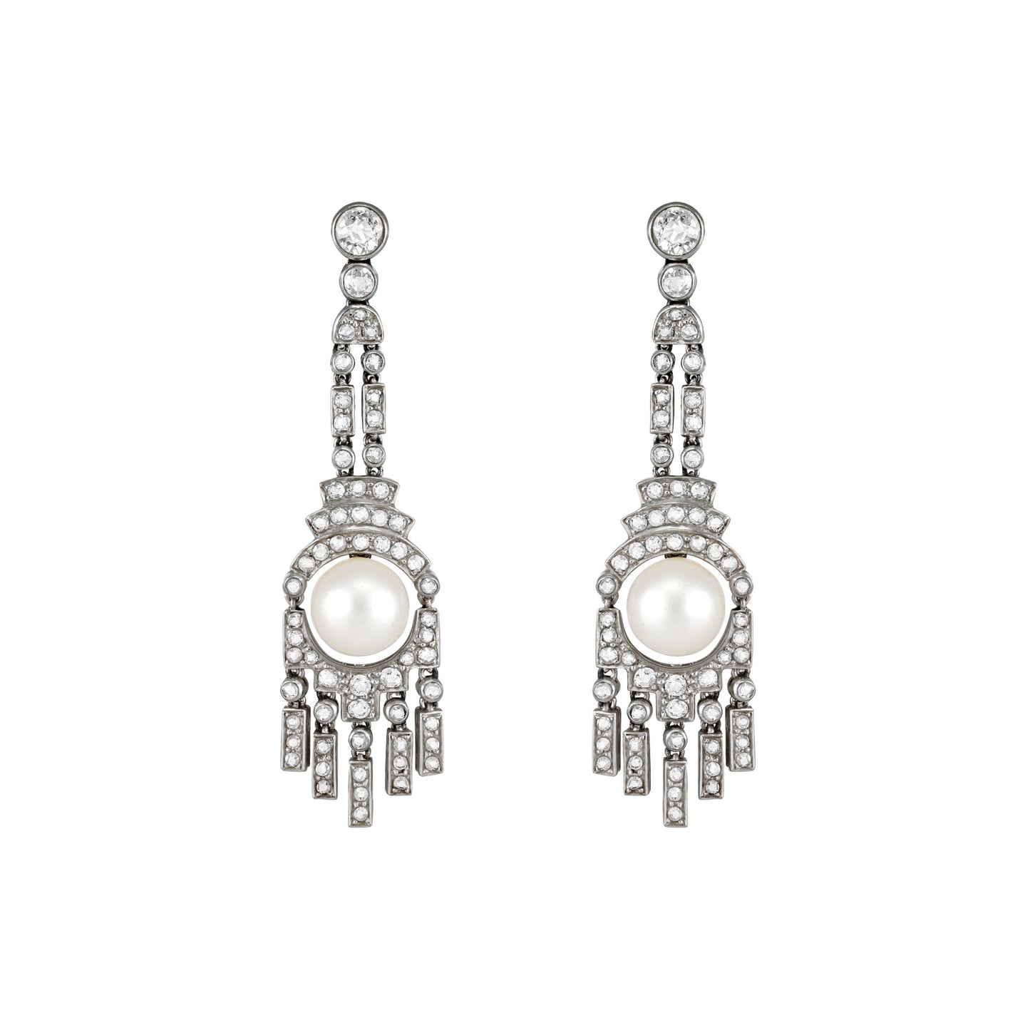 Art Deco Platinum & 18KT White Gold Natural Pearl & Diamond Earrings front