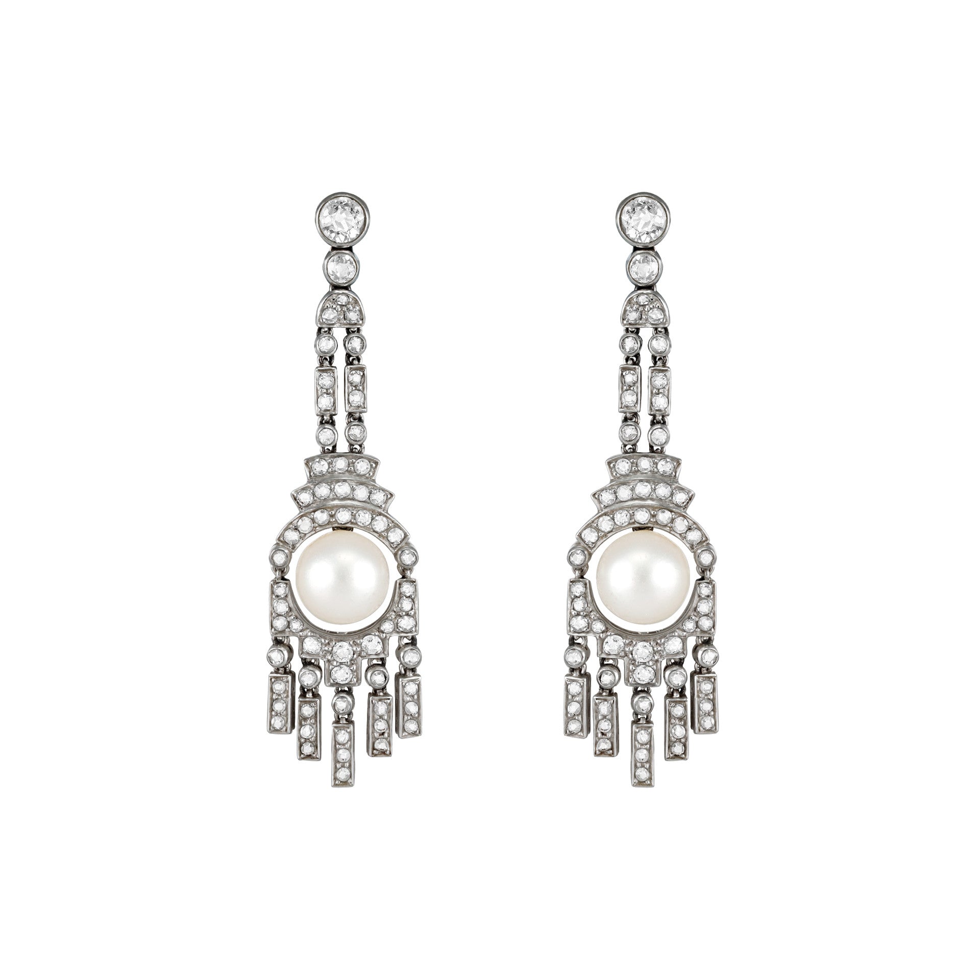 Art Deco Platinum & 18KT White Gold Natural Pearl & Diamond Earrings front
