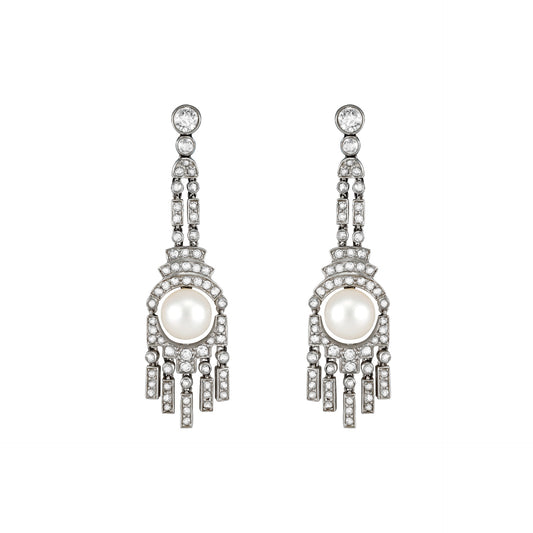 Art Deco Platinum & 18KT White Gold Natural Pearl & Diamond Earrings front
