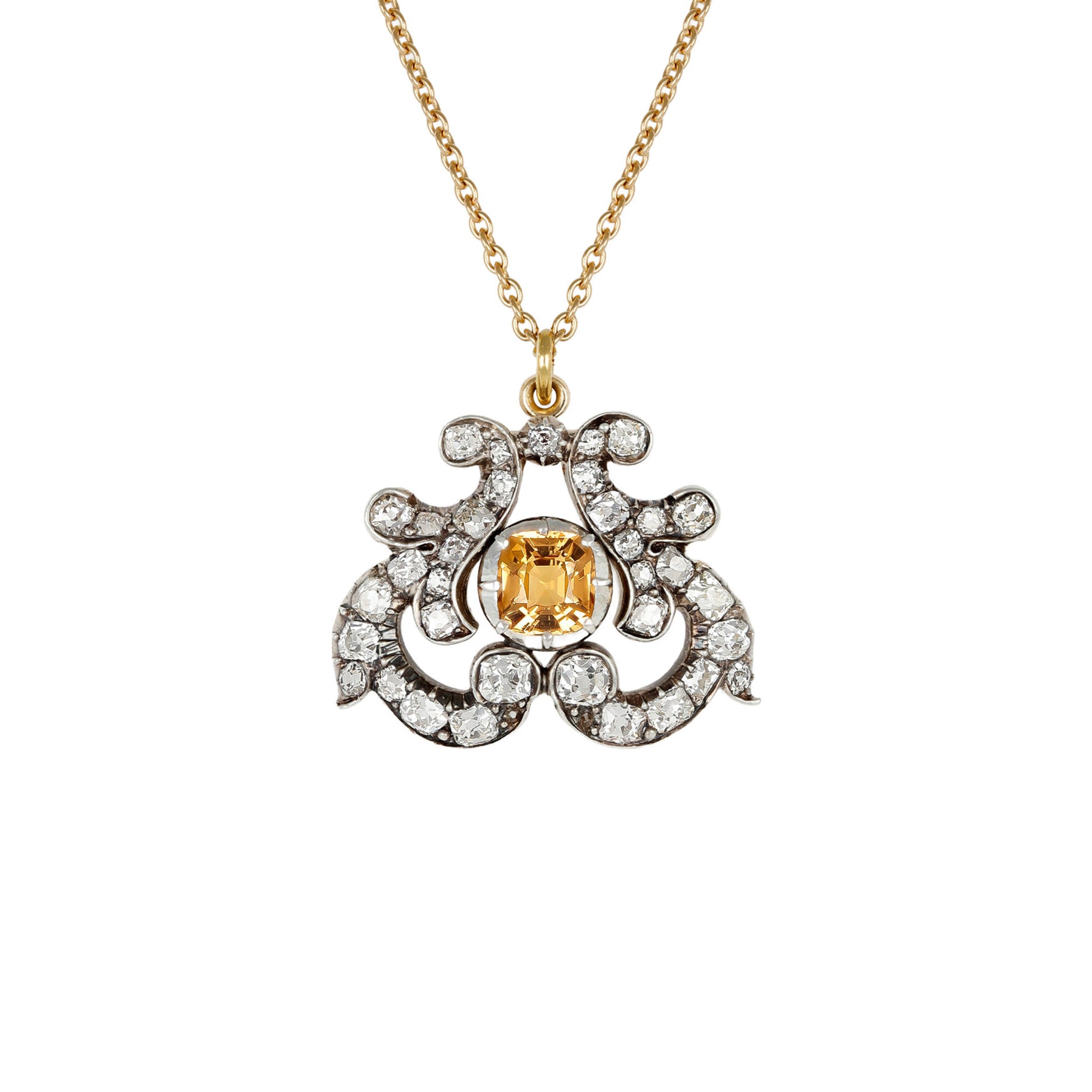 Victorian Silver & 18KT Yellow Gold Topaz & Diamond Necklace front