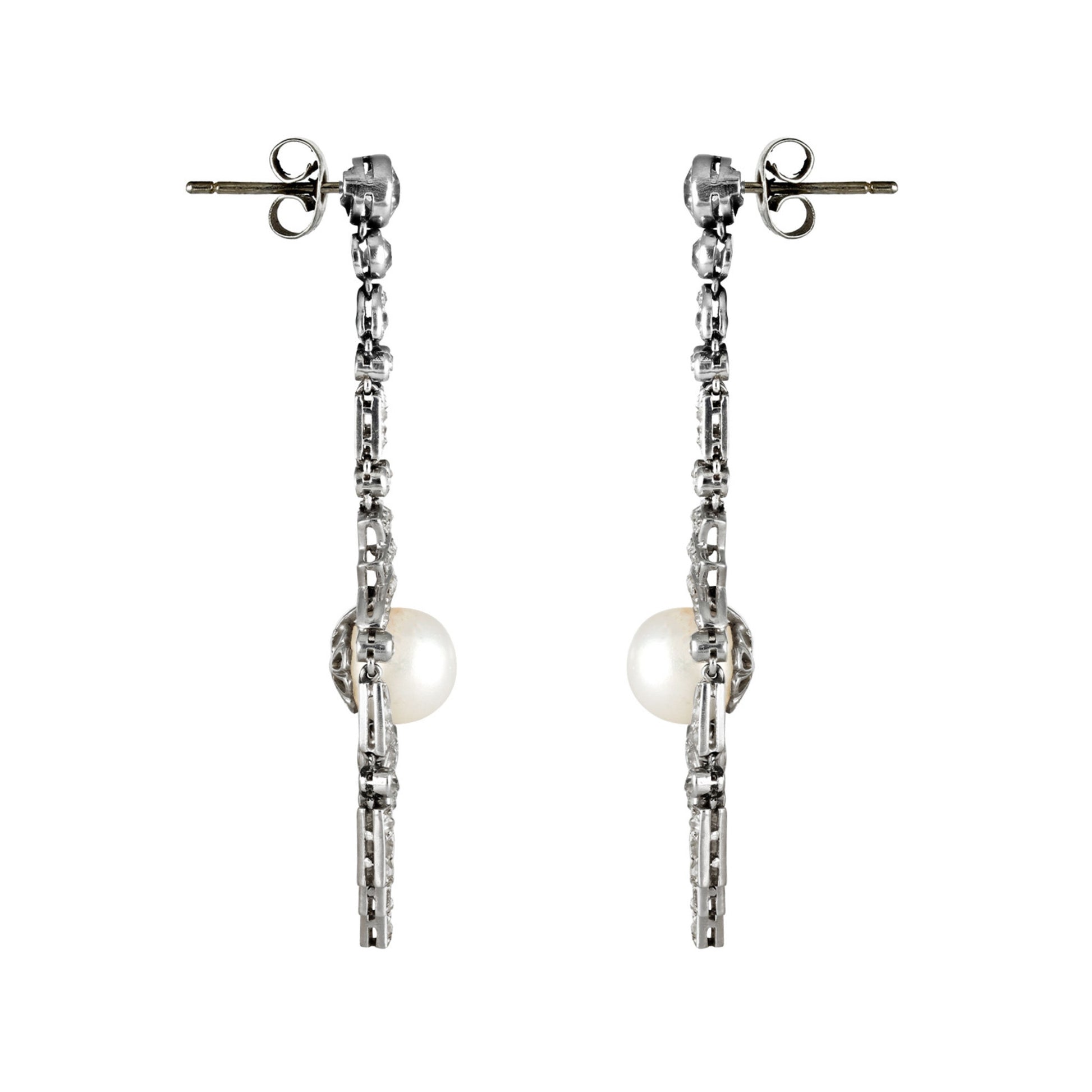 Art Deco Platinum & 18KT White Gold Natural Pearl & Diamond Earrings side