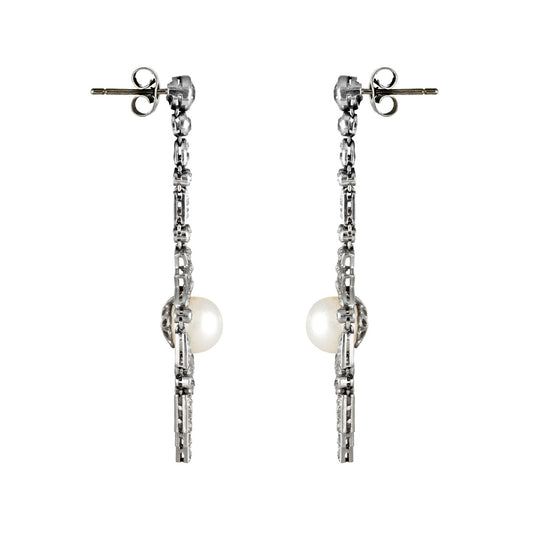Art Deco Platinum & 18KT White Gold Natural Pearl & Diamond Earrings side