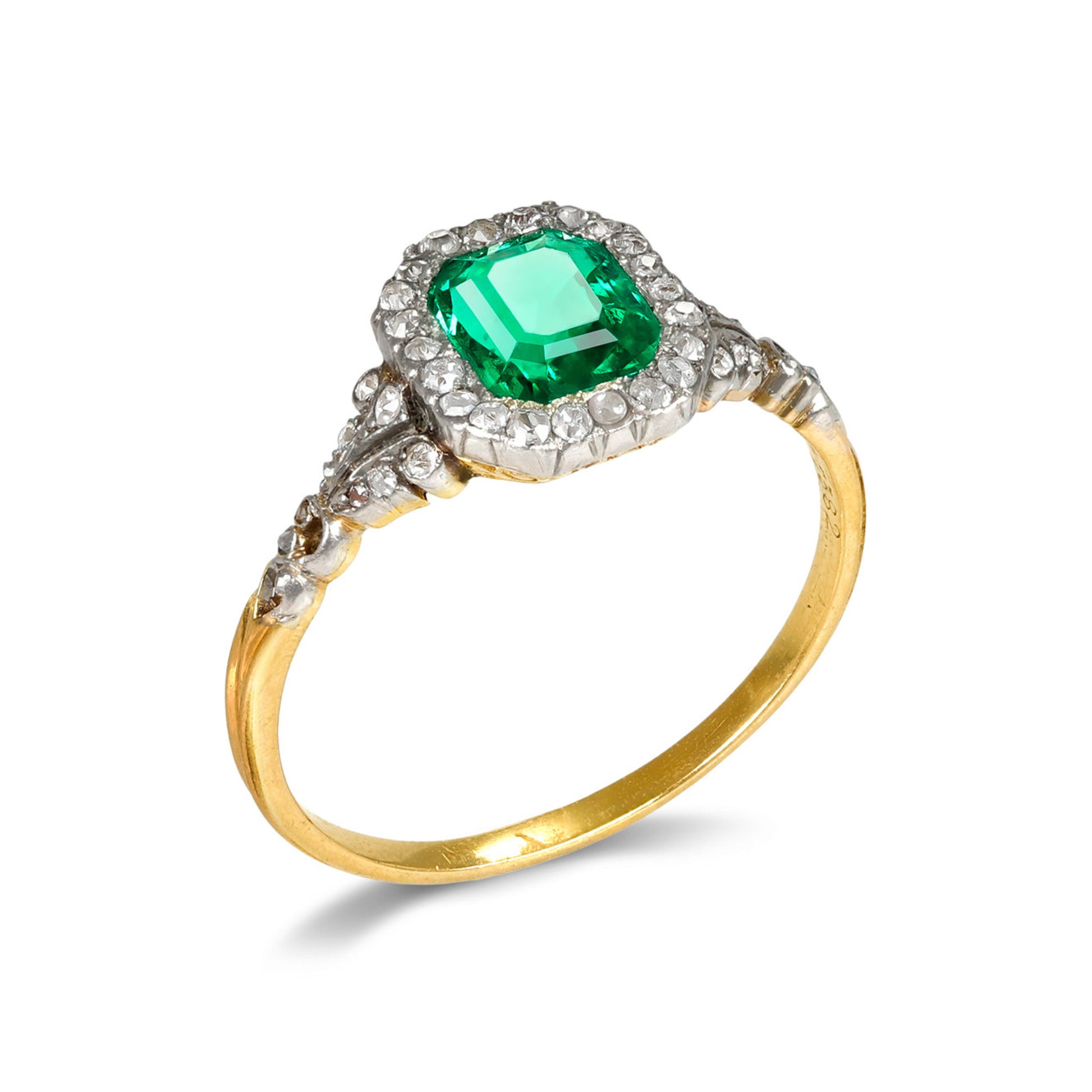 French Edwardian Platinum & 18KT Yellow Gold Emerald & Diamond Ring profile