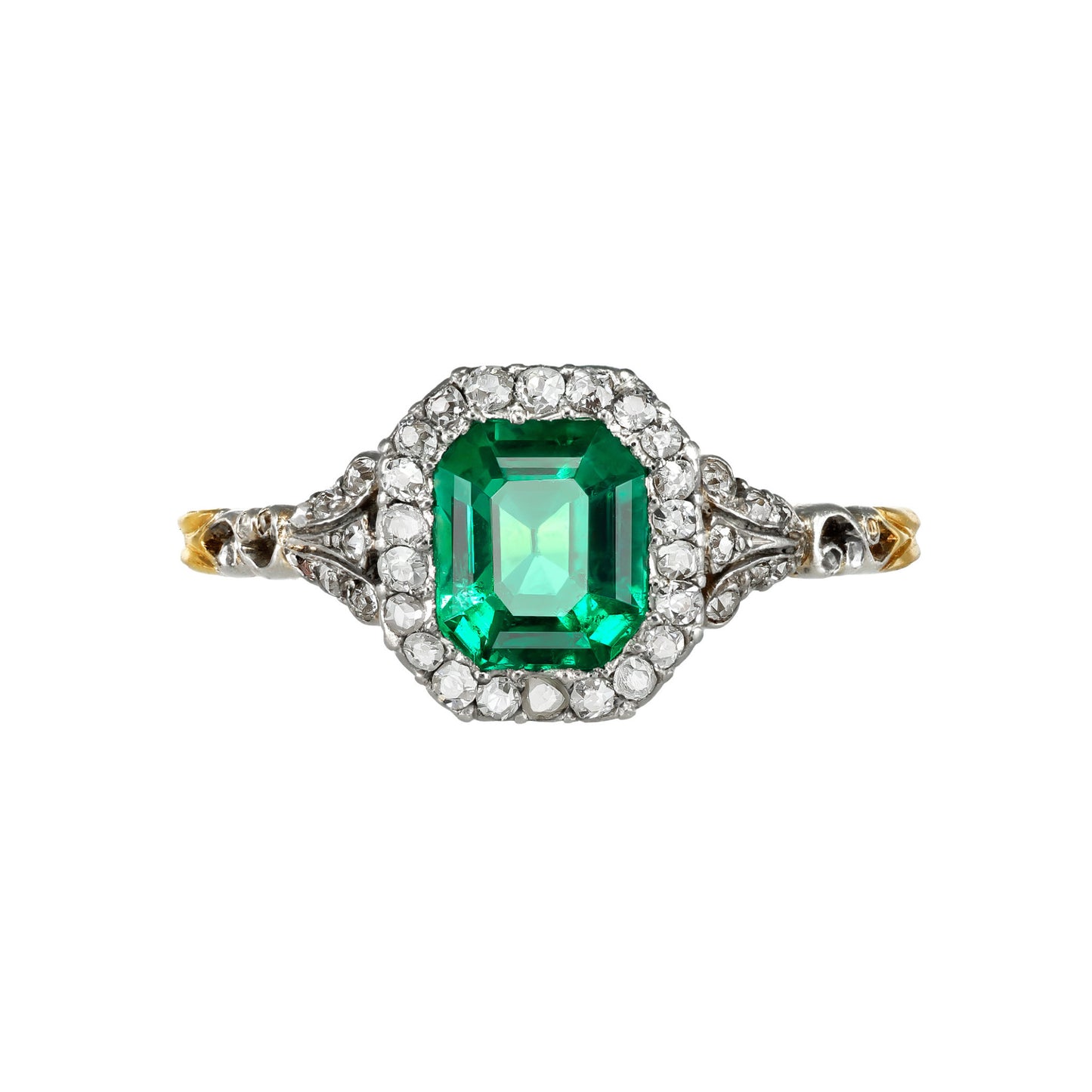 French Edwardian Platinum & 18KT Yellow Gold Emerald & Diamond Ring front